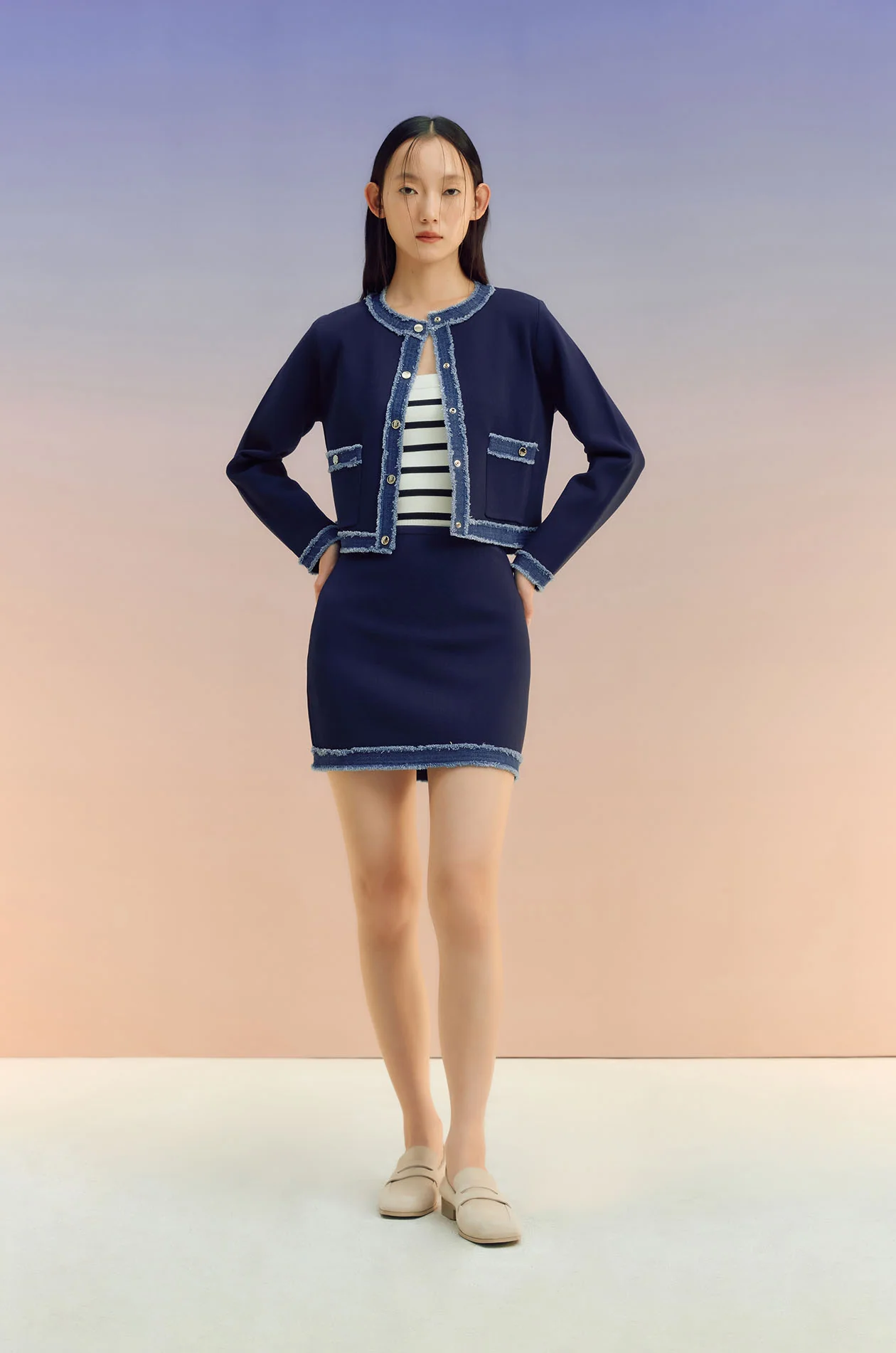 Denim-Trim Knit Mini Skirt