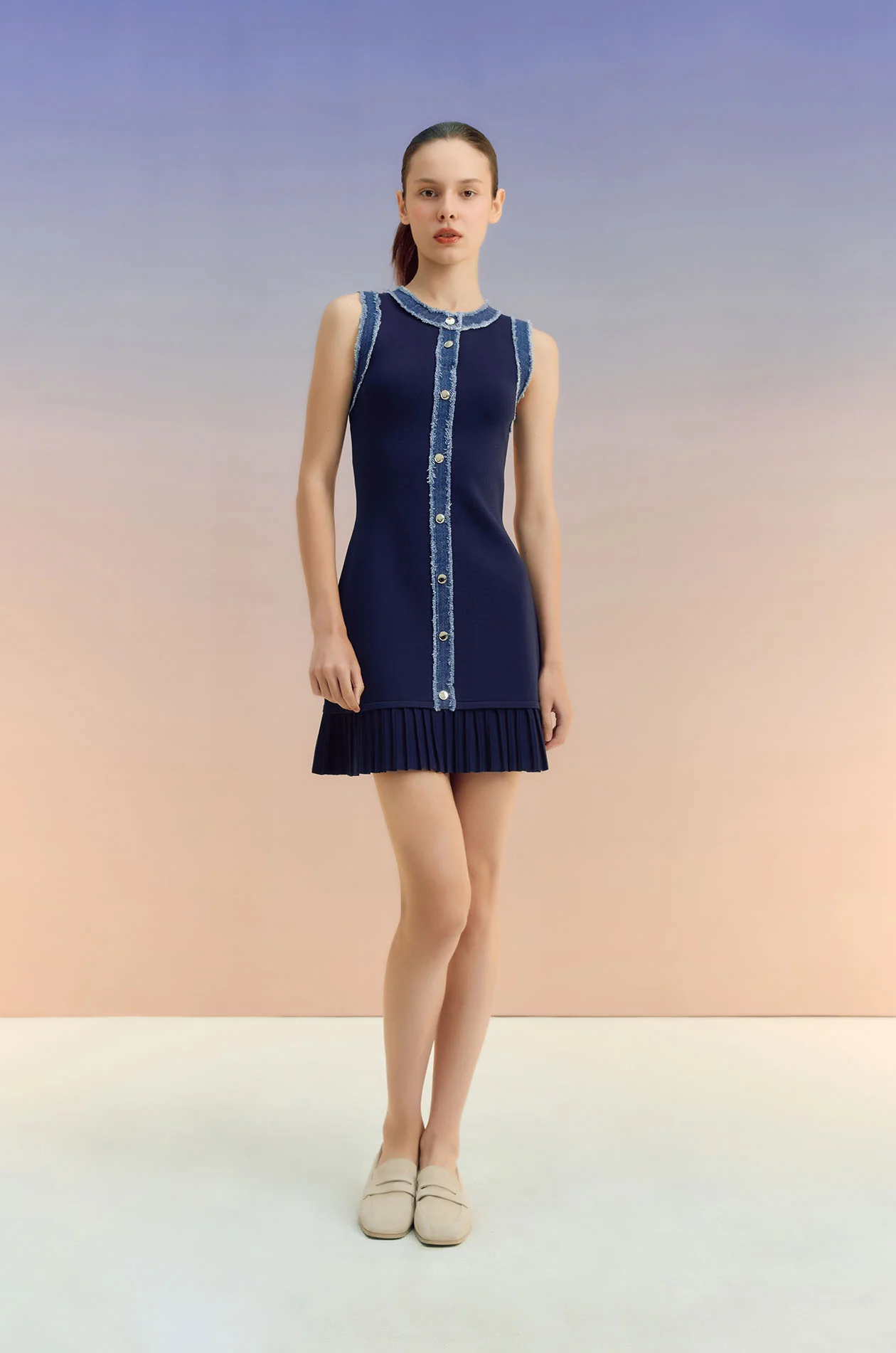 Denim-Trimmed Knit Mini Dress