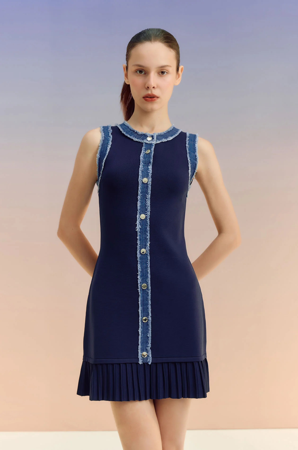 Denim-Trimmed Knit Mini Dress - Image 2