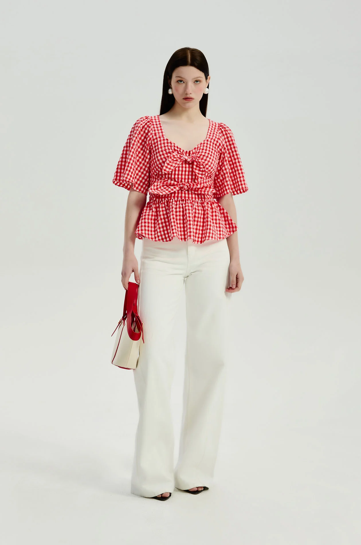 Crinkled Gingham Peplum Blouse