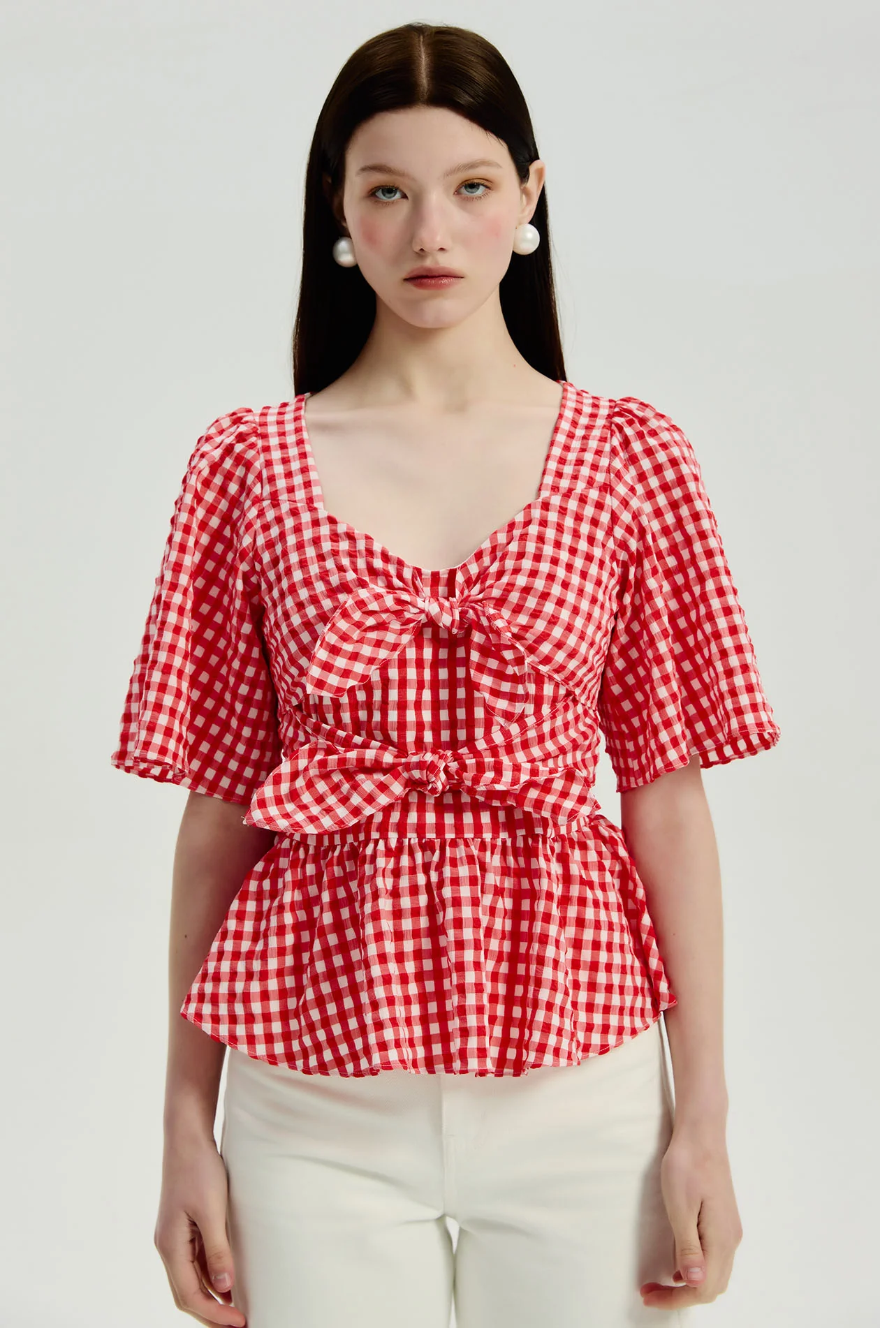 Crinkled Gingham Peplum Blouse - Image 2