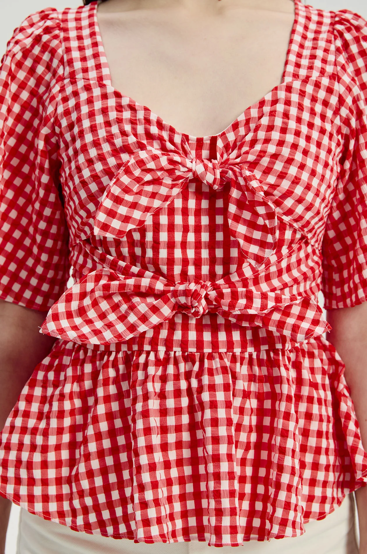 Crinkled Gingham Peplum Blouse - Image 3