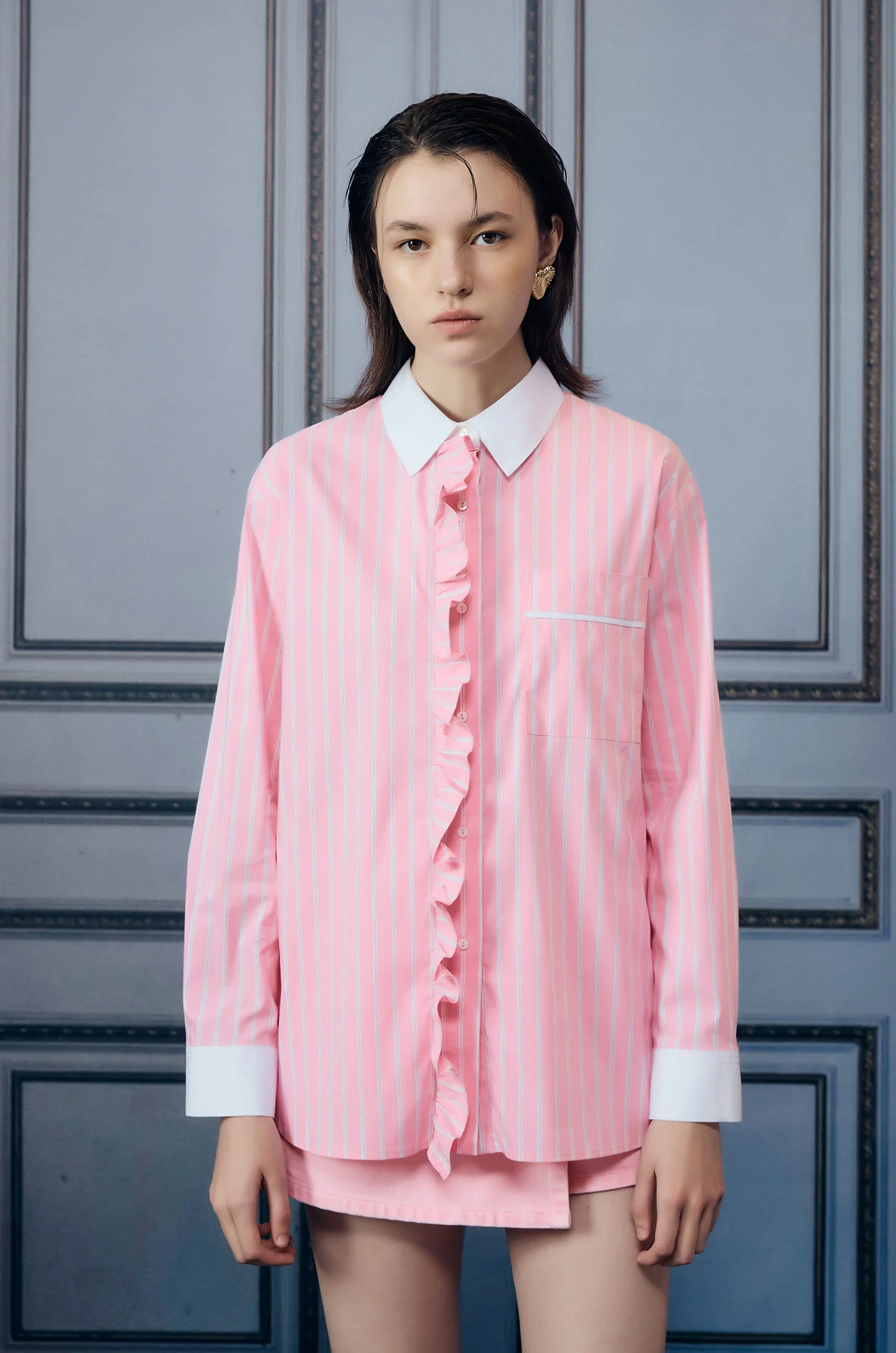 Metallic Striped Ruffle Trim Shirt - Image 2