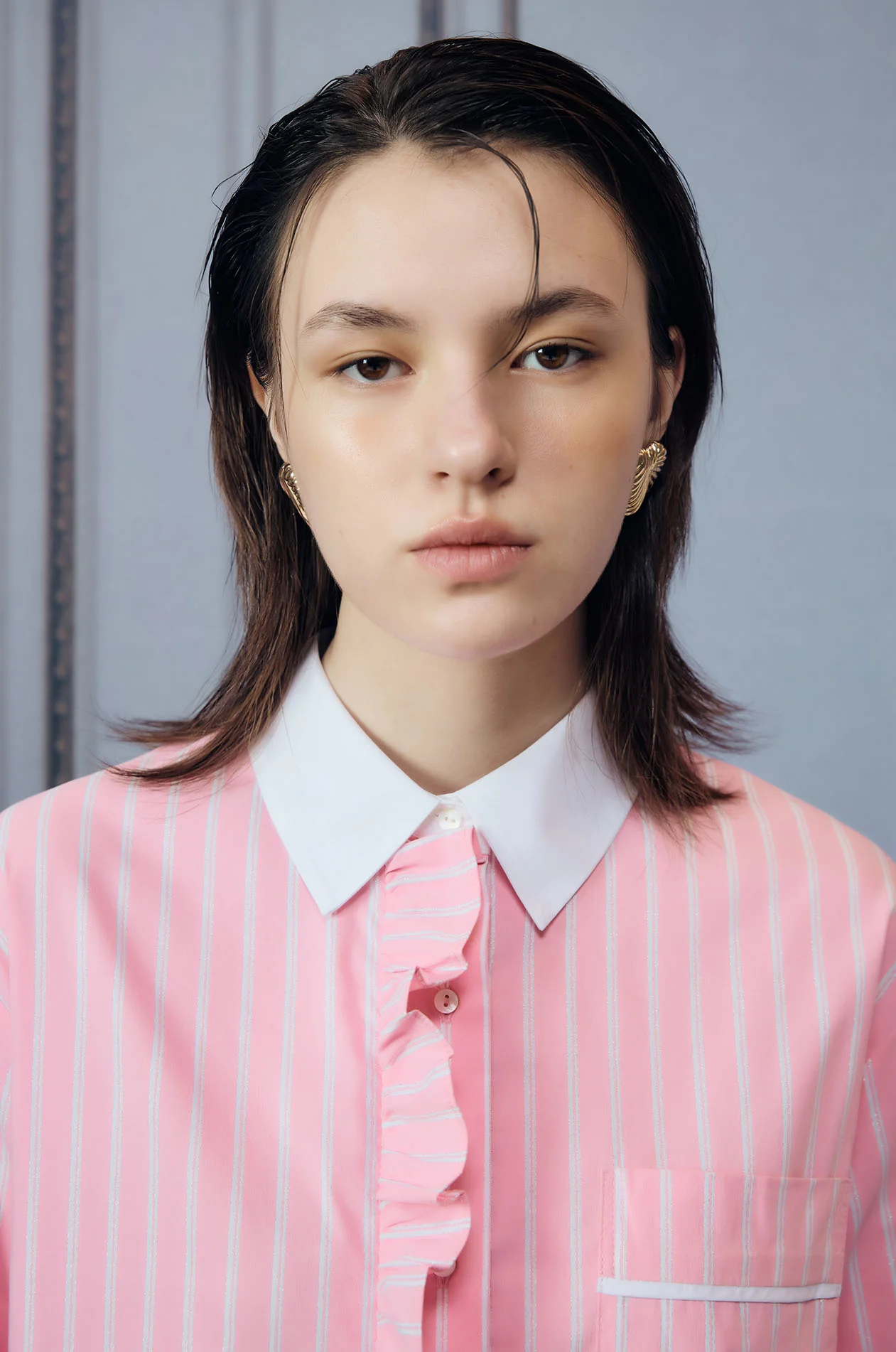 Metallic Striped Ruffle Trim Shirt - Image 3