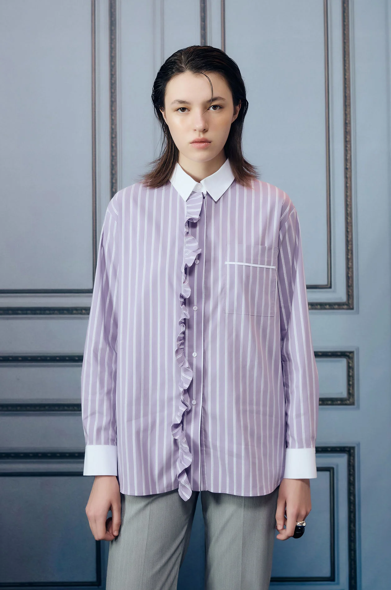 Metallic Striped Ruffle Trim Shirt - Image 7