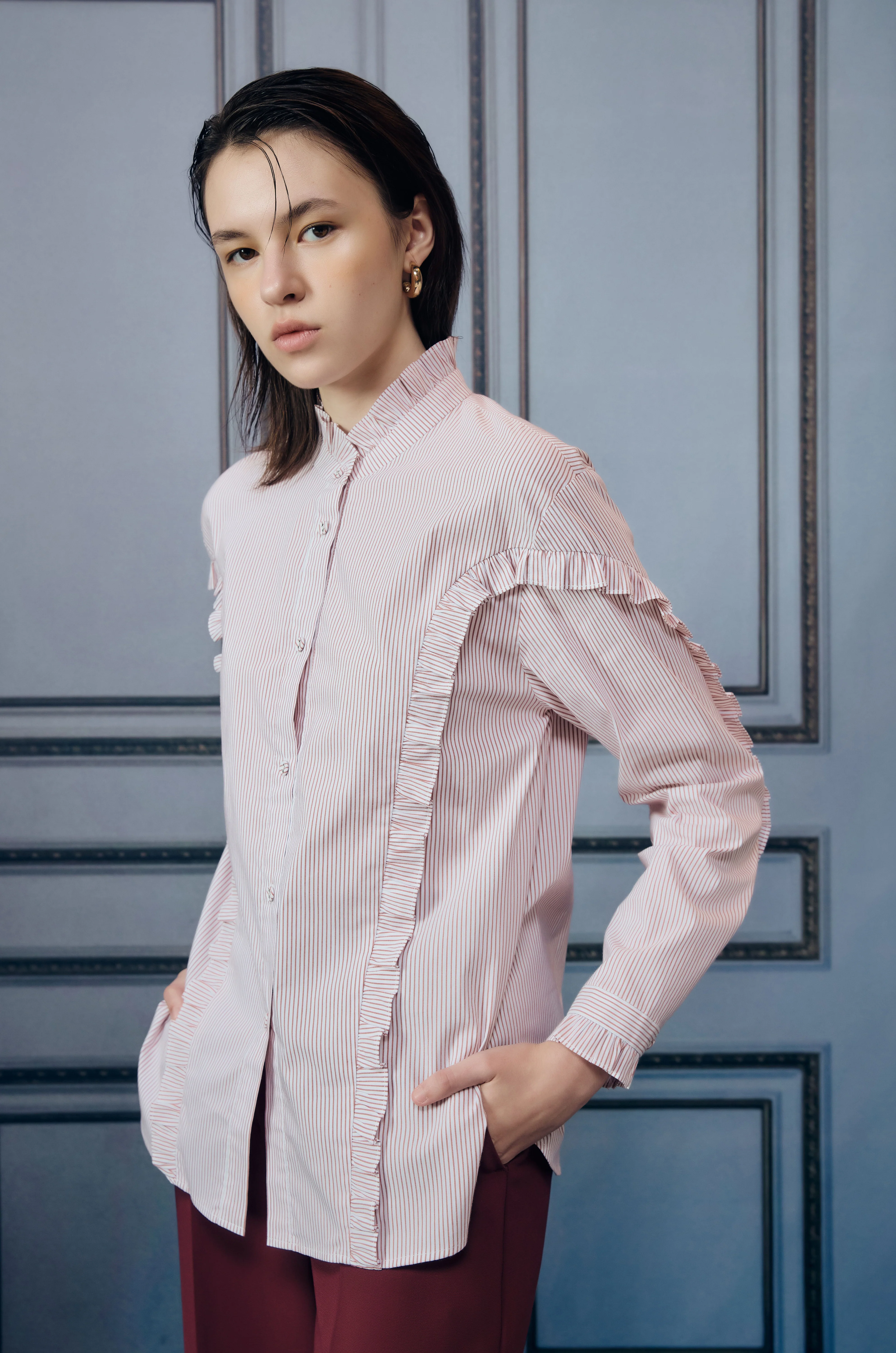 Collarless Striped Ruffle Shirt - Image 2