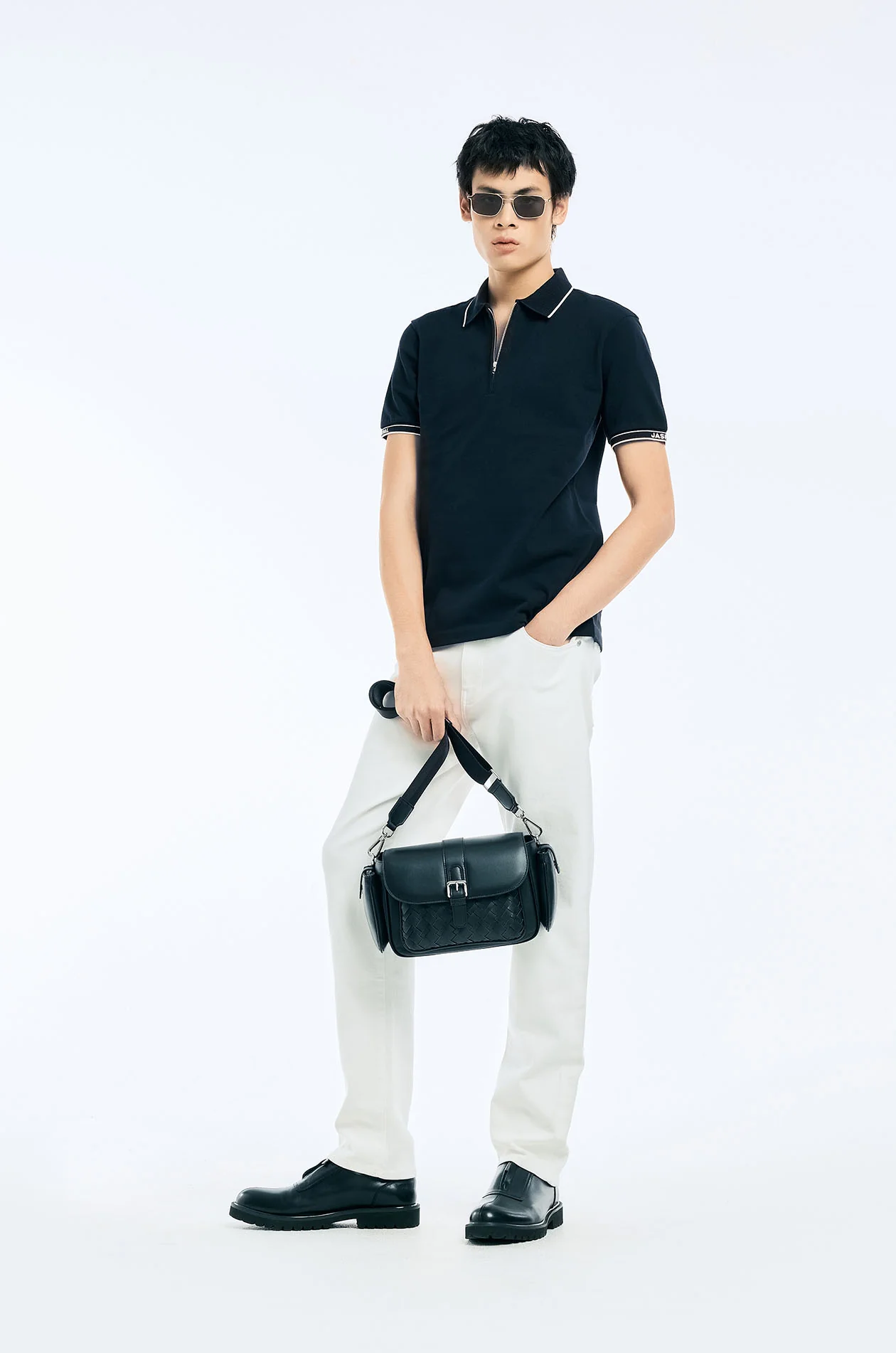Texture-Collar Zipper Polo Shirt - Image 11