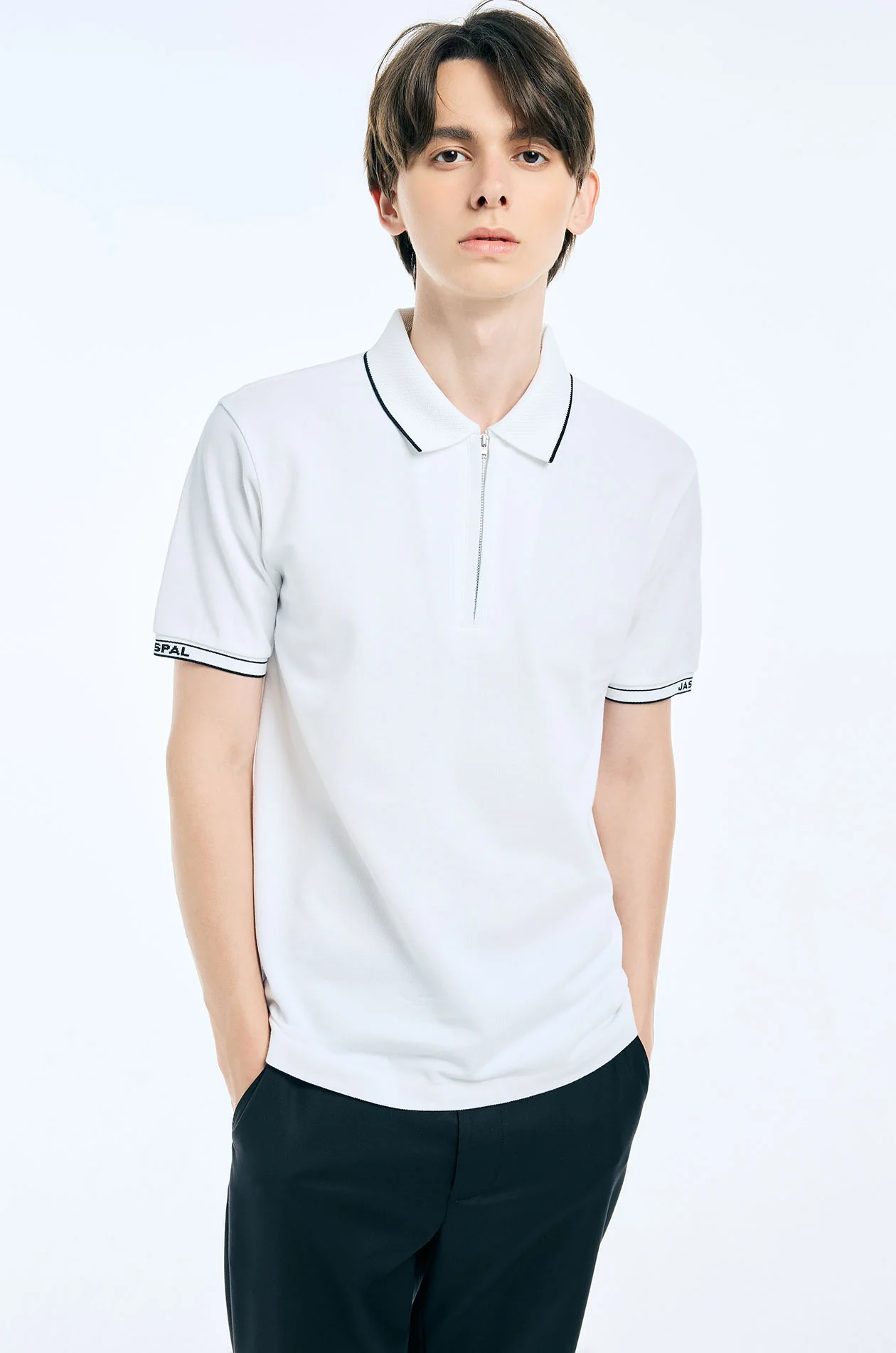 Texture-Collar Zipper Polo Shirt - Image 13