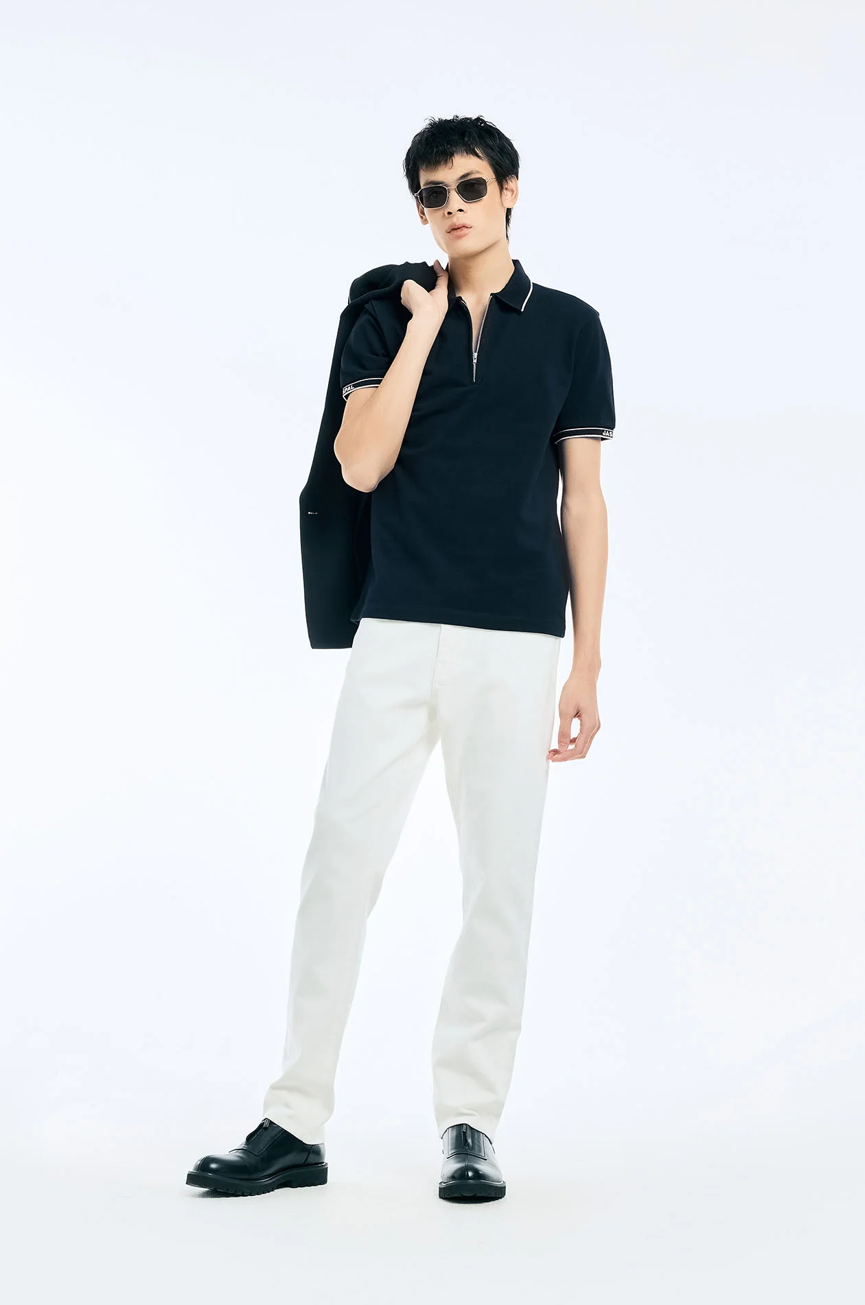 Texture-Collar Zipper Polo Shirt - Image 6