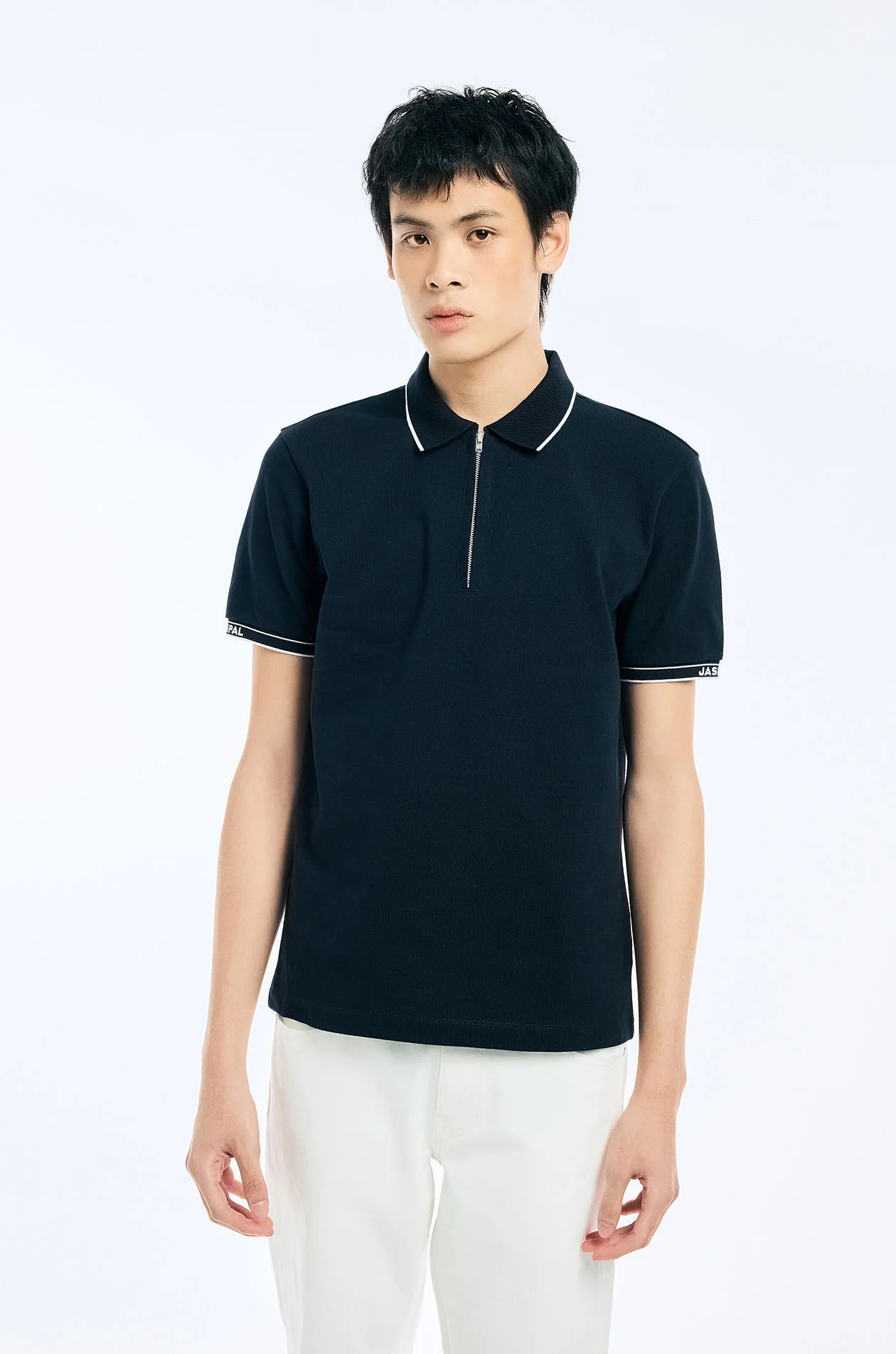 Texture-Collar Zipper Polo Shirt - Image 7