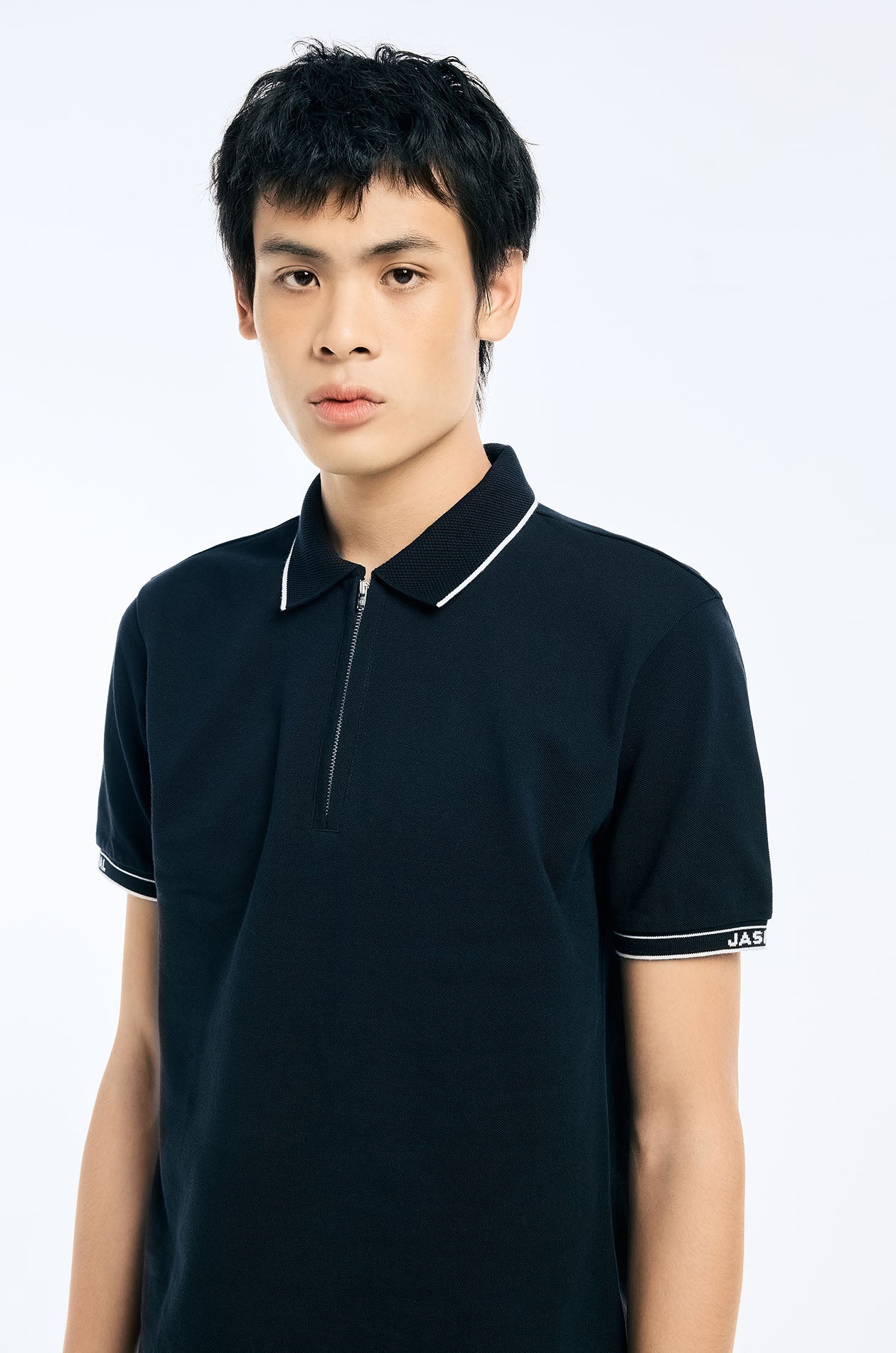 Texture-Collar Zipper Polo Shirt - Image 8