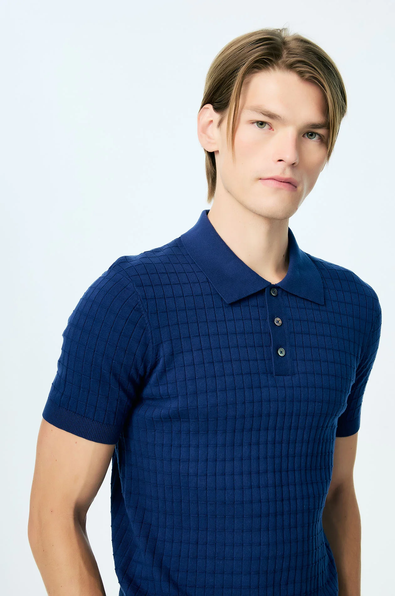 Grid Texture Knit Polo - Image 3