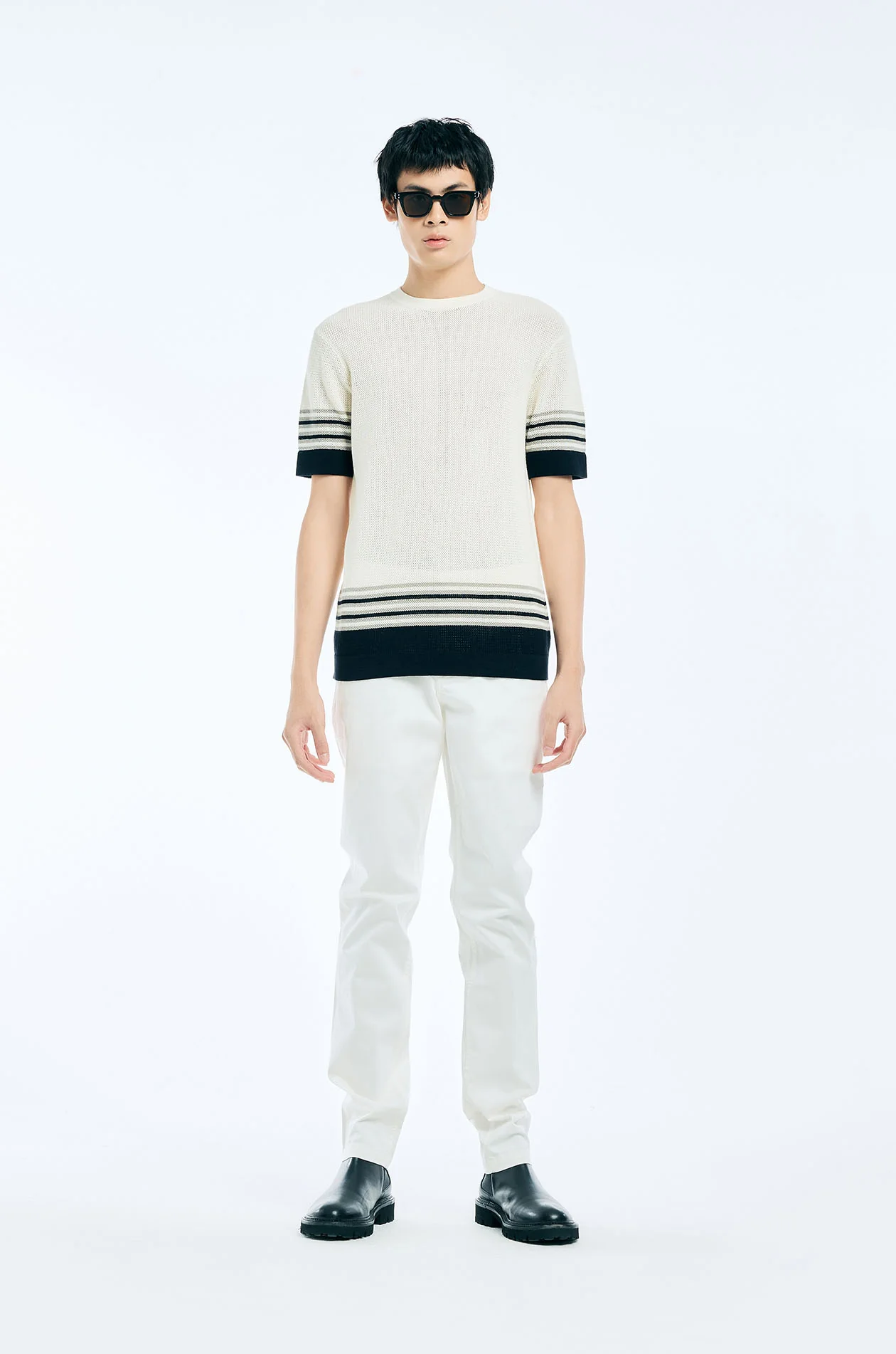 Stripe-Edge Openwork Knit T-Shirt