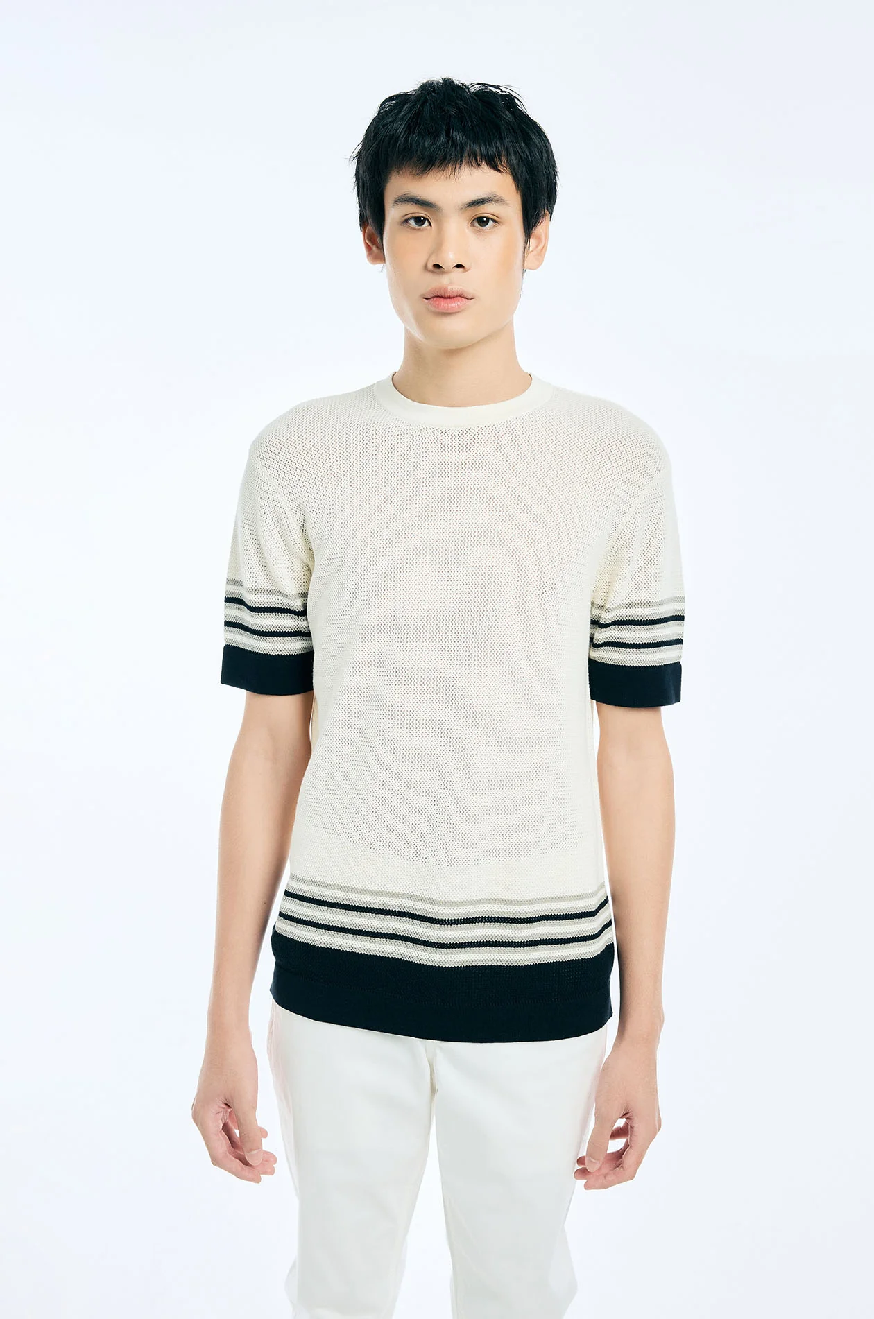 Stripe-Edge Openwork Knit T-Shirt - Image 2