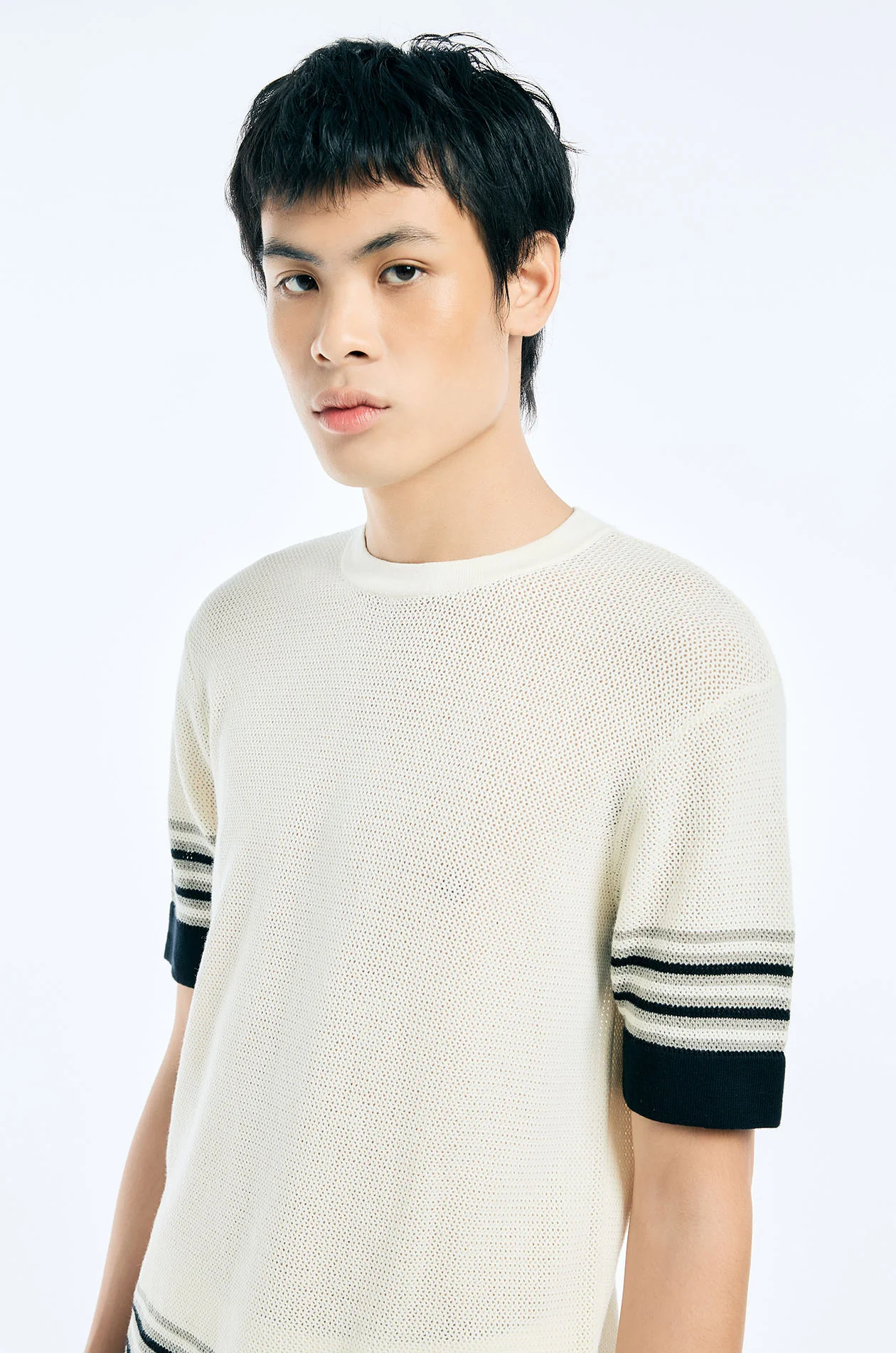 Stripe-Edge Openwork Knit T-Shirt - Image 3