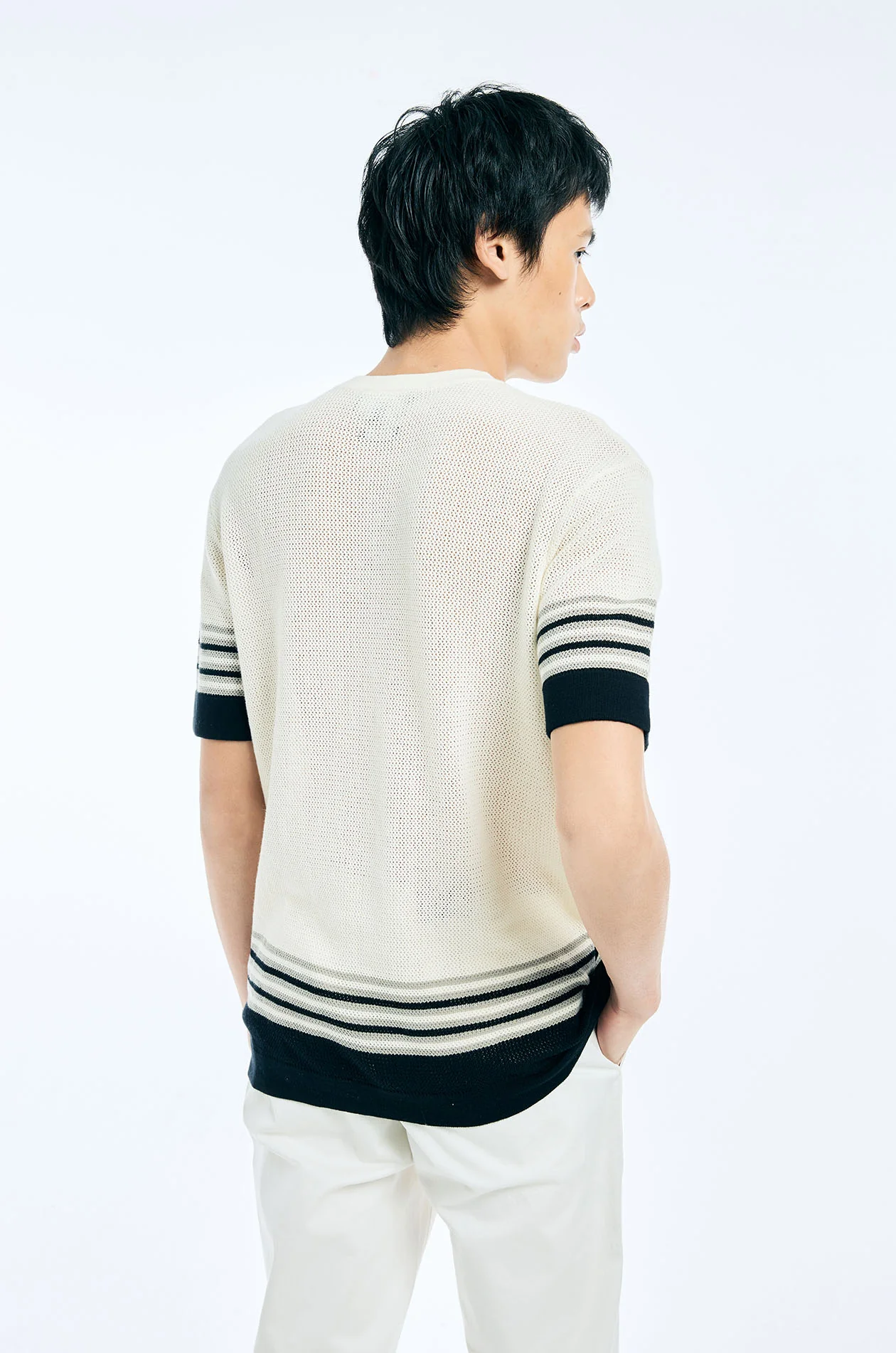 Stripe-Edge Openwork Knit T-Shirt - Image 4