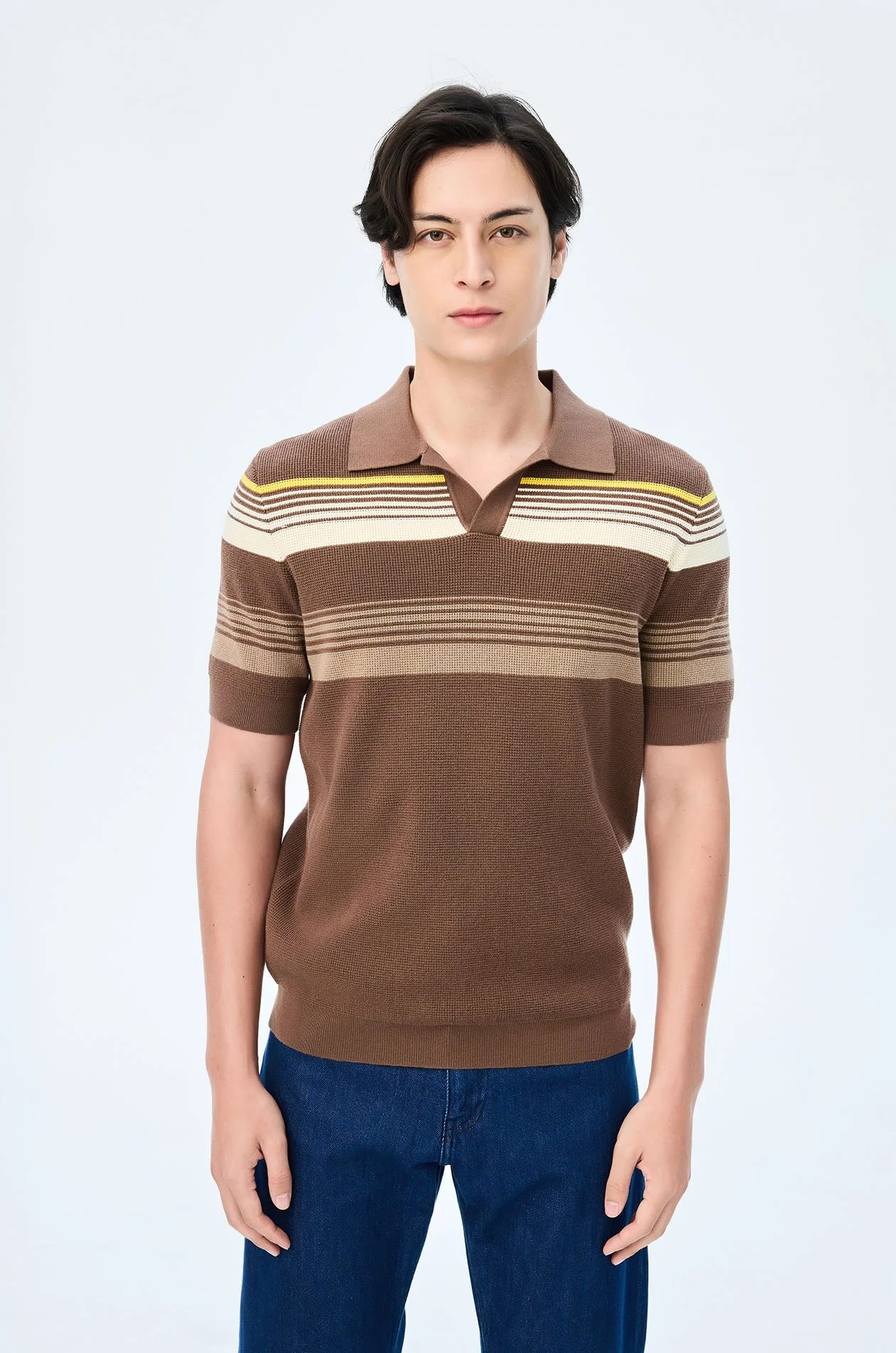 Retro Striped Knit Polo Shirt - Image 2