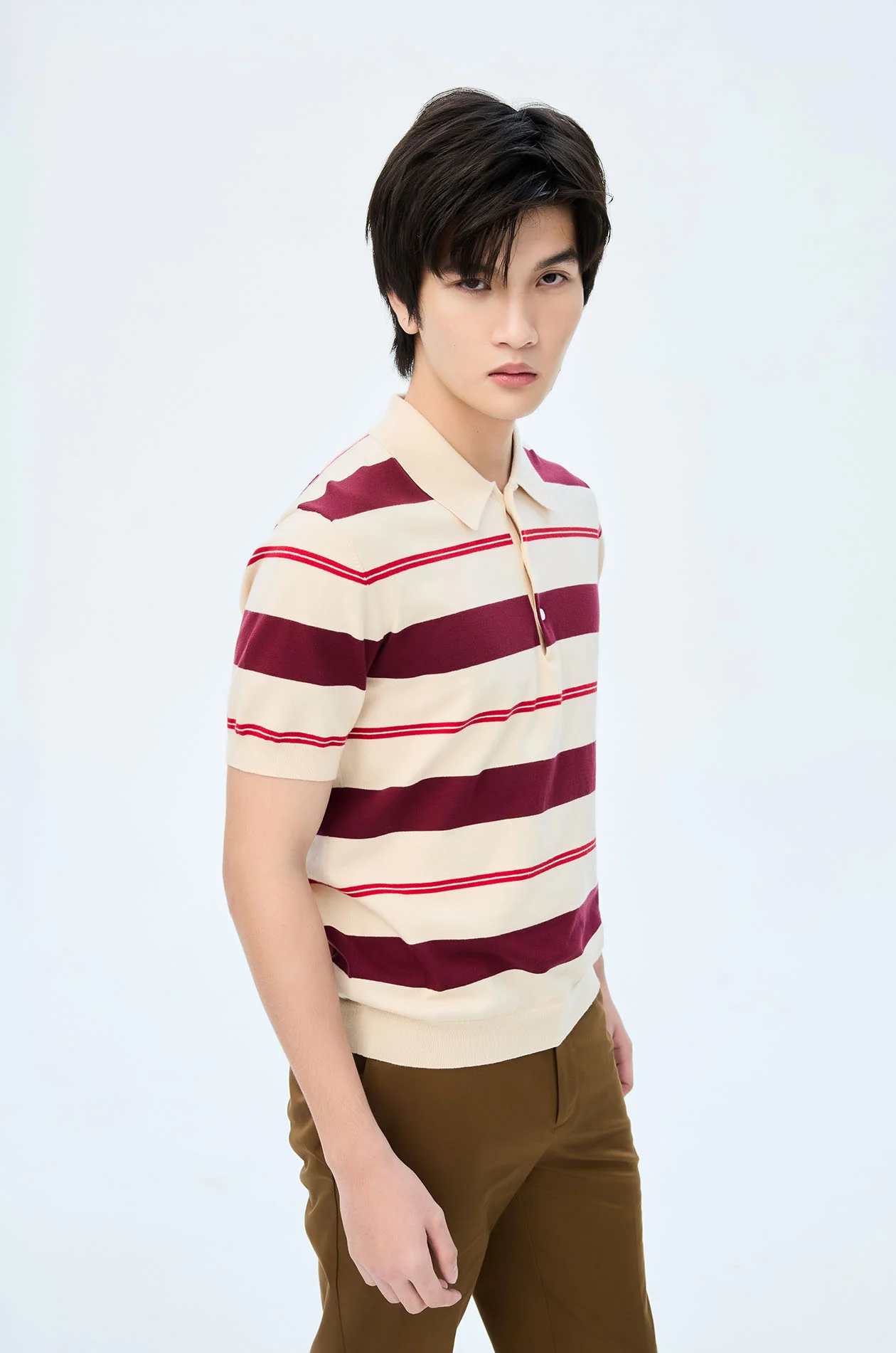 Striped Fine Knit Polo Shirt - Image 12