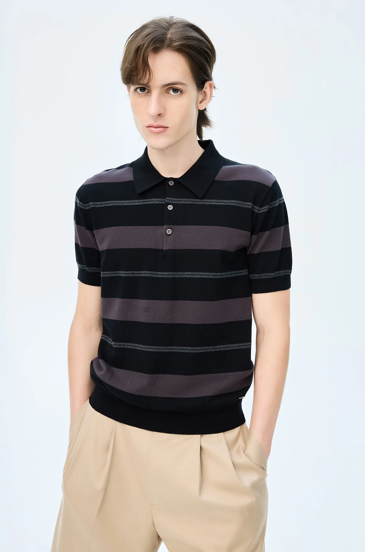 Striped Fine Knit Polo Shirt - Image 2