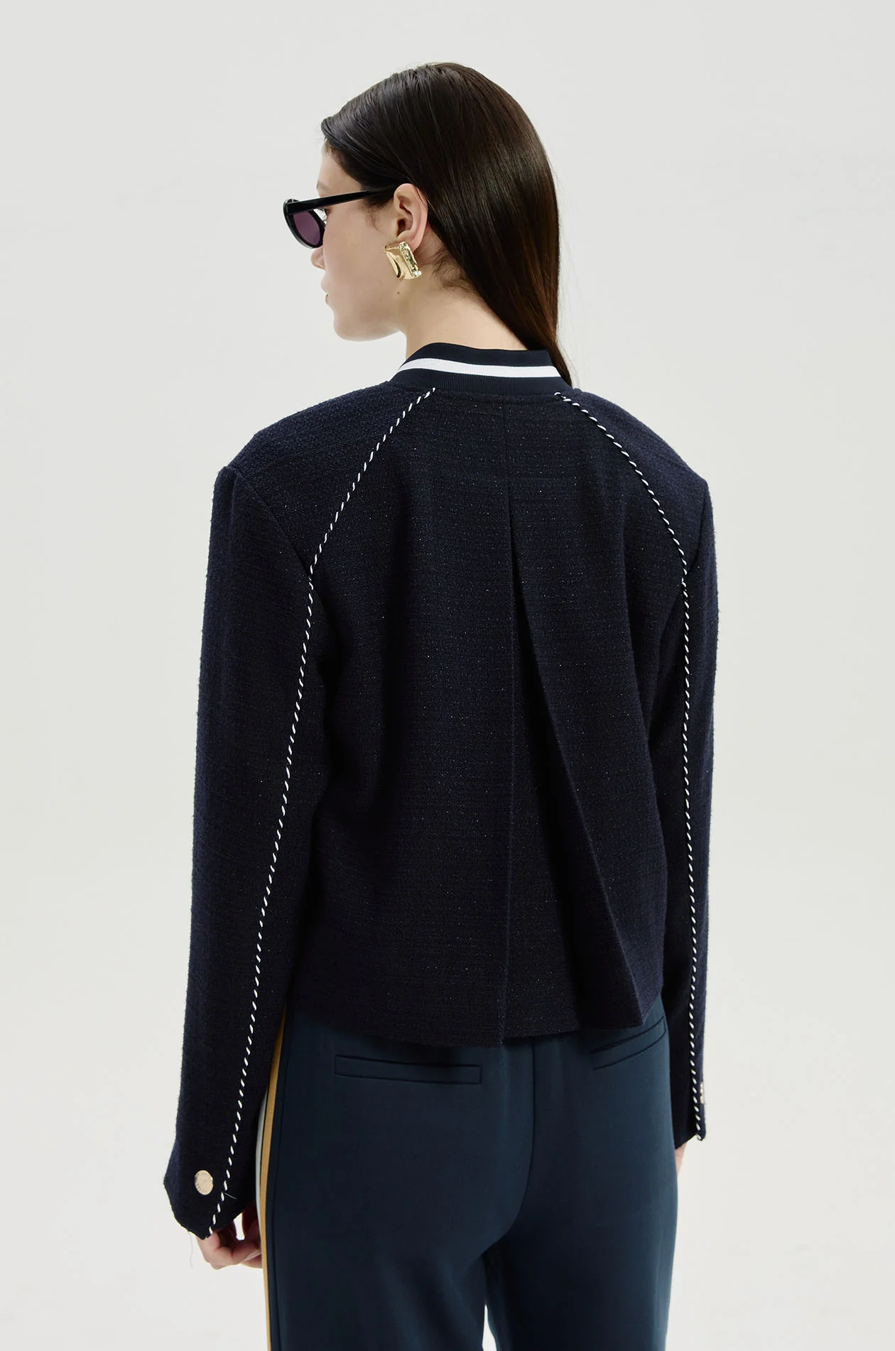 Metallic Tweed Bomber‑Collar Jacket - Image 5
