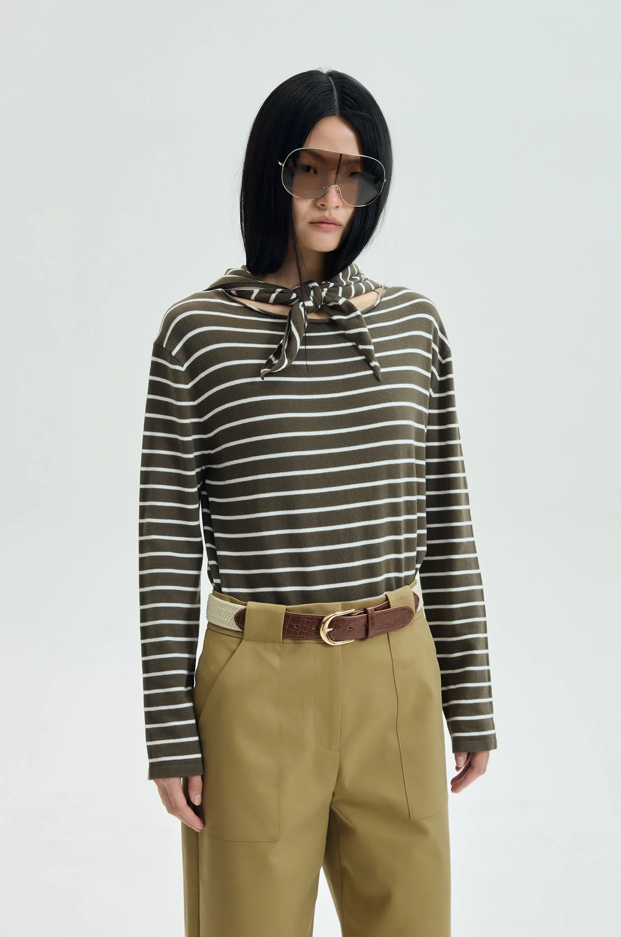 Striped Scarf‑Neck Cotton T‑Shirt - Image 2