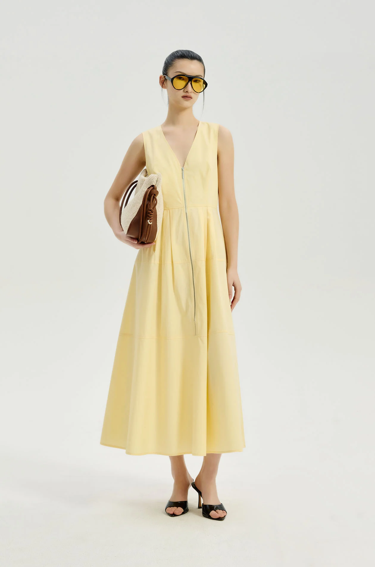 Zipper Poplin Midi Dress