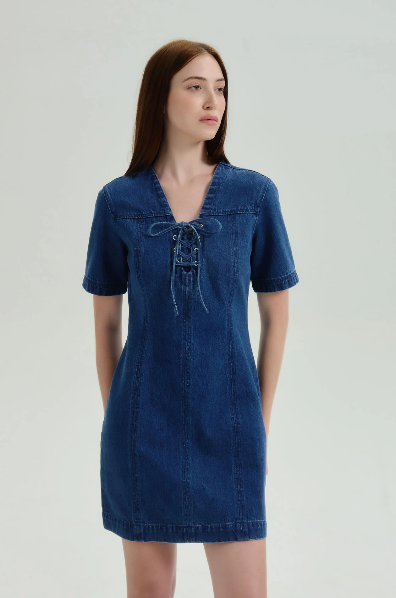 Lace-Up Denim Mini Dress - Image 2
