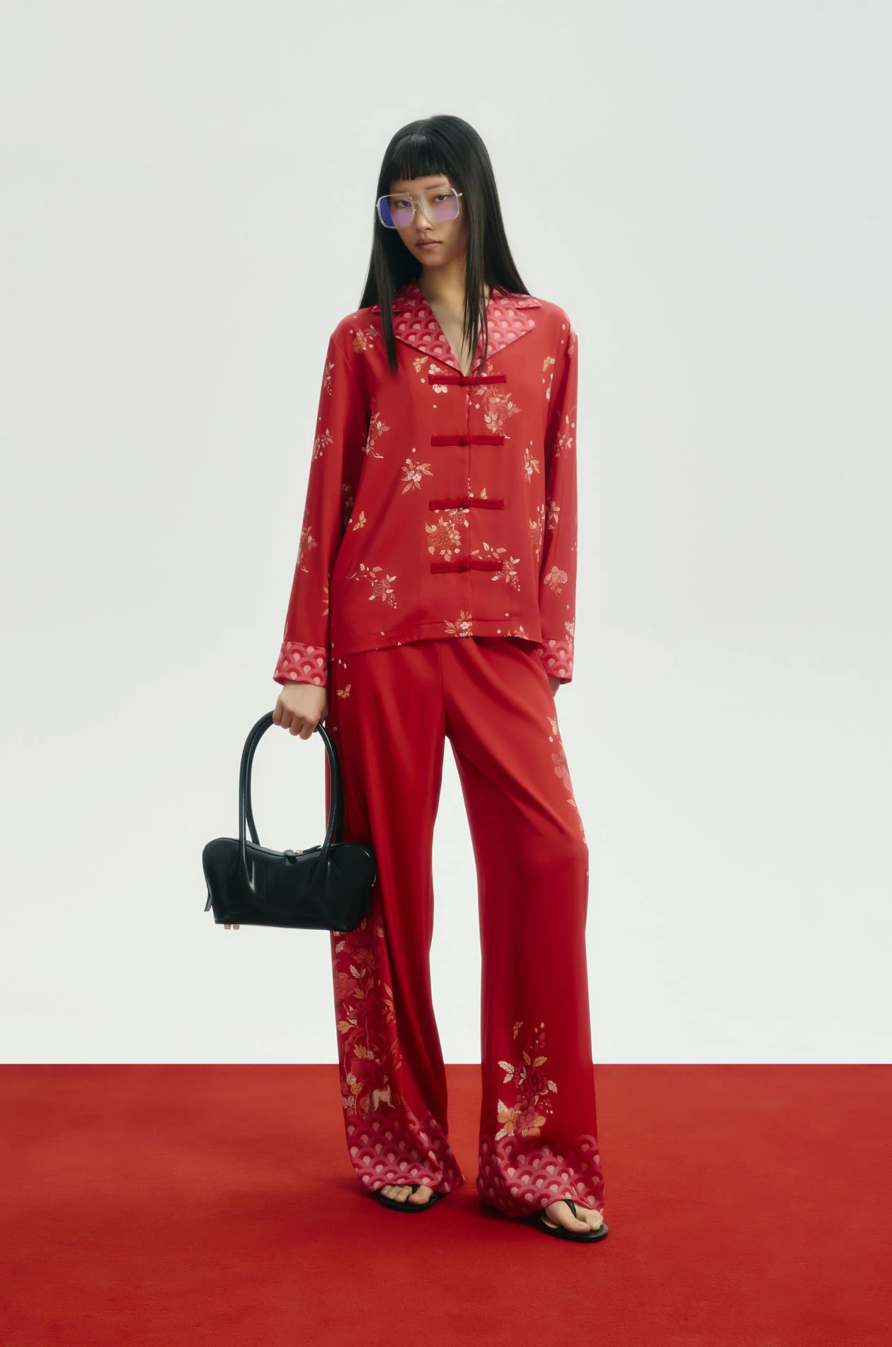Chinese-Inspired Floral Satin Shirt