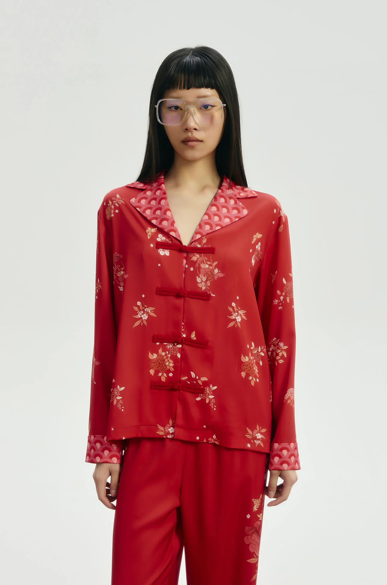 Chinese-Inspired Floral Satin Shirt - Image 2