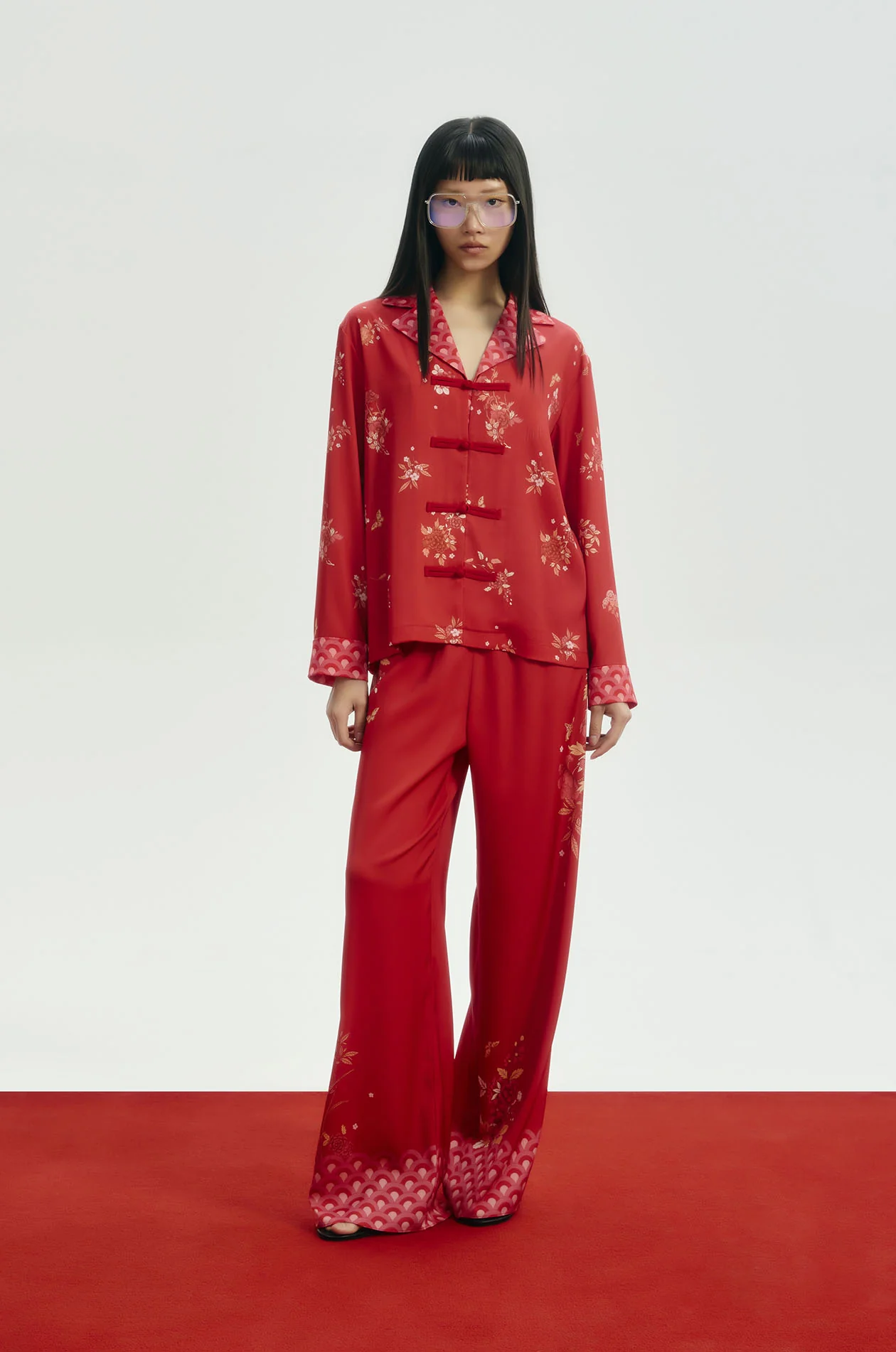 Chinese-Inspired Floral Satin Pants