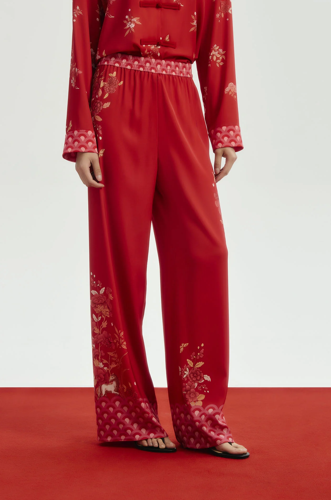 Chinese-Inspired Floral Satin Pants - Image 2