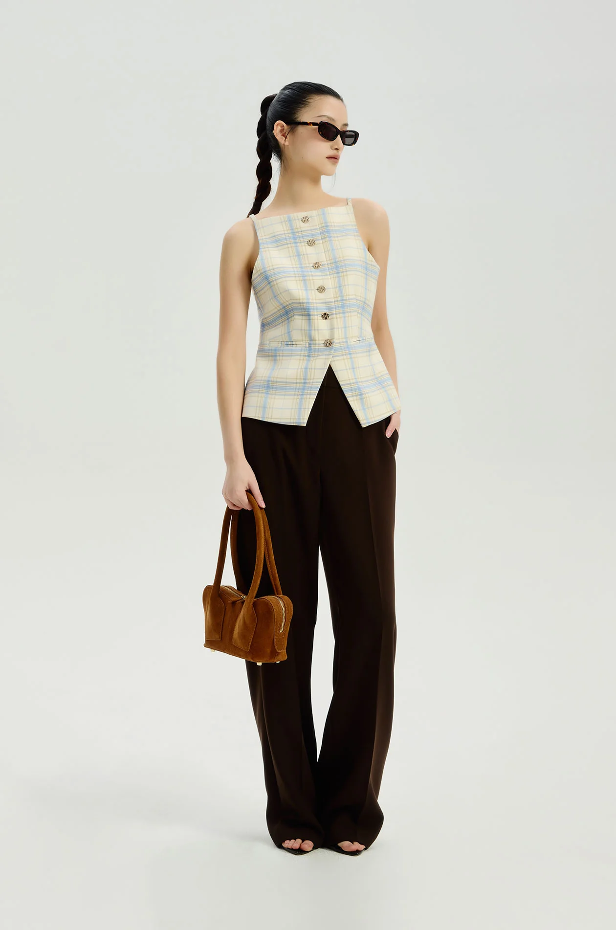 Plaid Straight‑Neck Longline Vest
