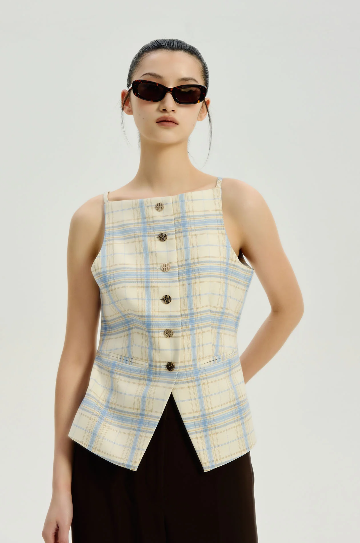 Plaid Straight‑Neck Longline Vest - Image 2