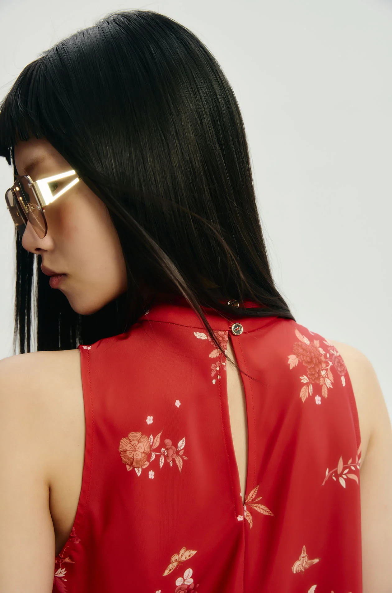 Chinese-Inspired Floral Flowy Satin Top - Image 3