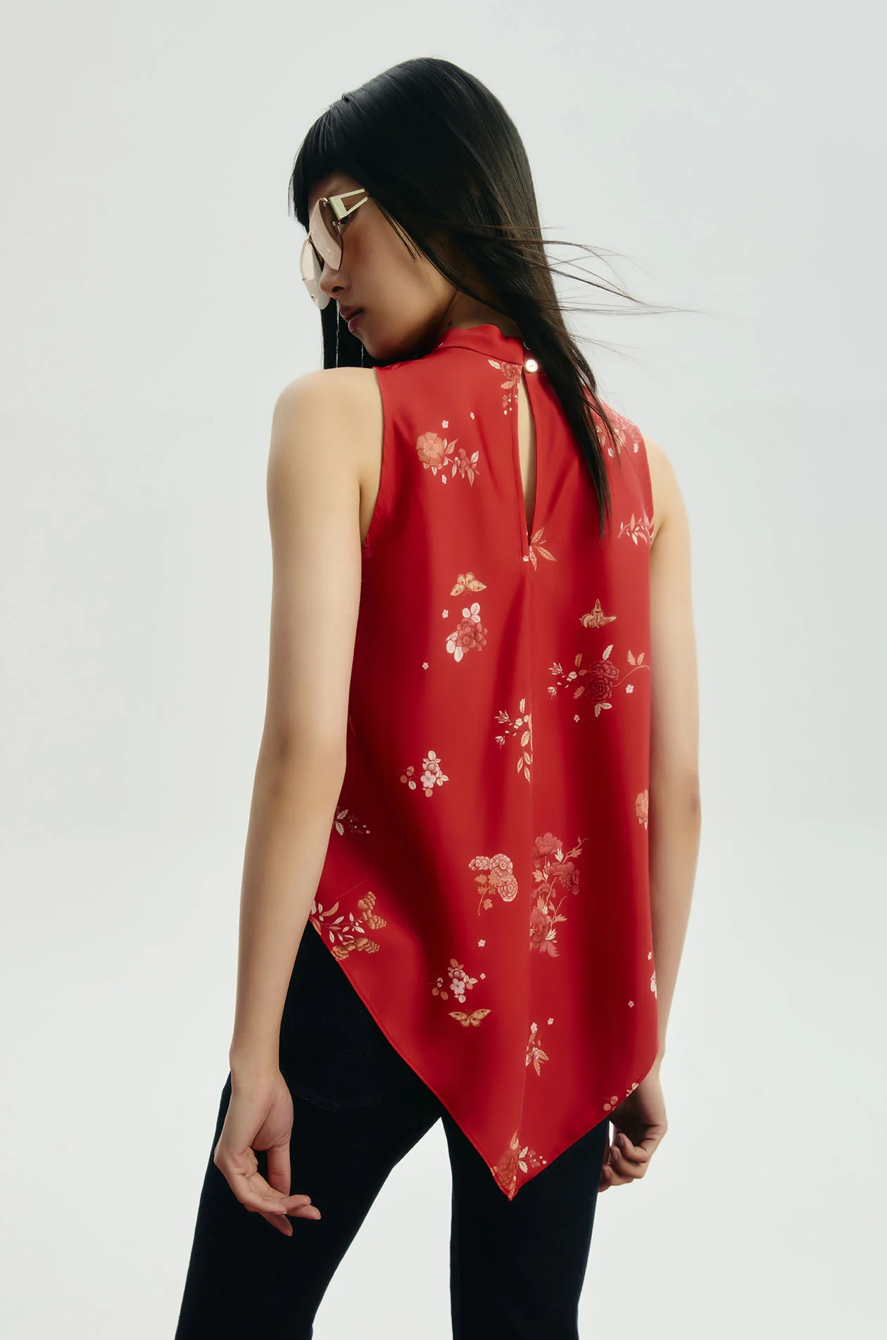 Chinese-Inspired Floral Flowy Satin Top - Image 6