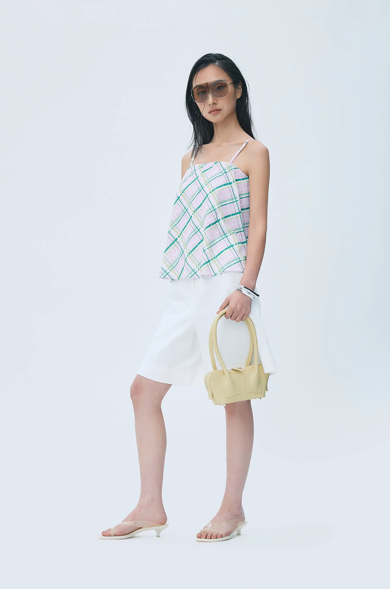 Plaid Slit-Back Strapless Top