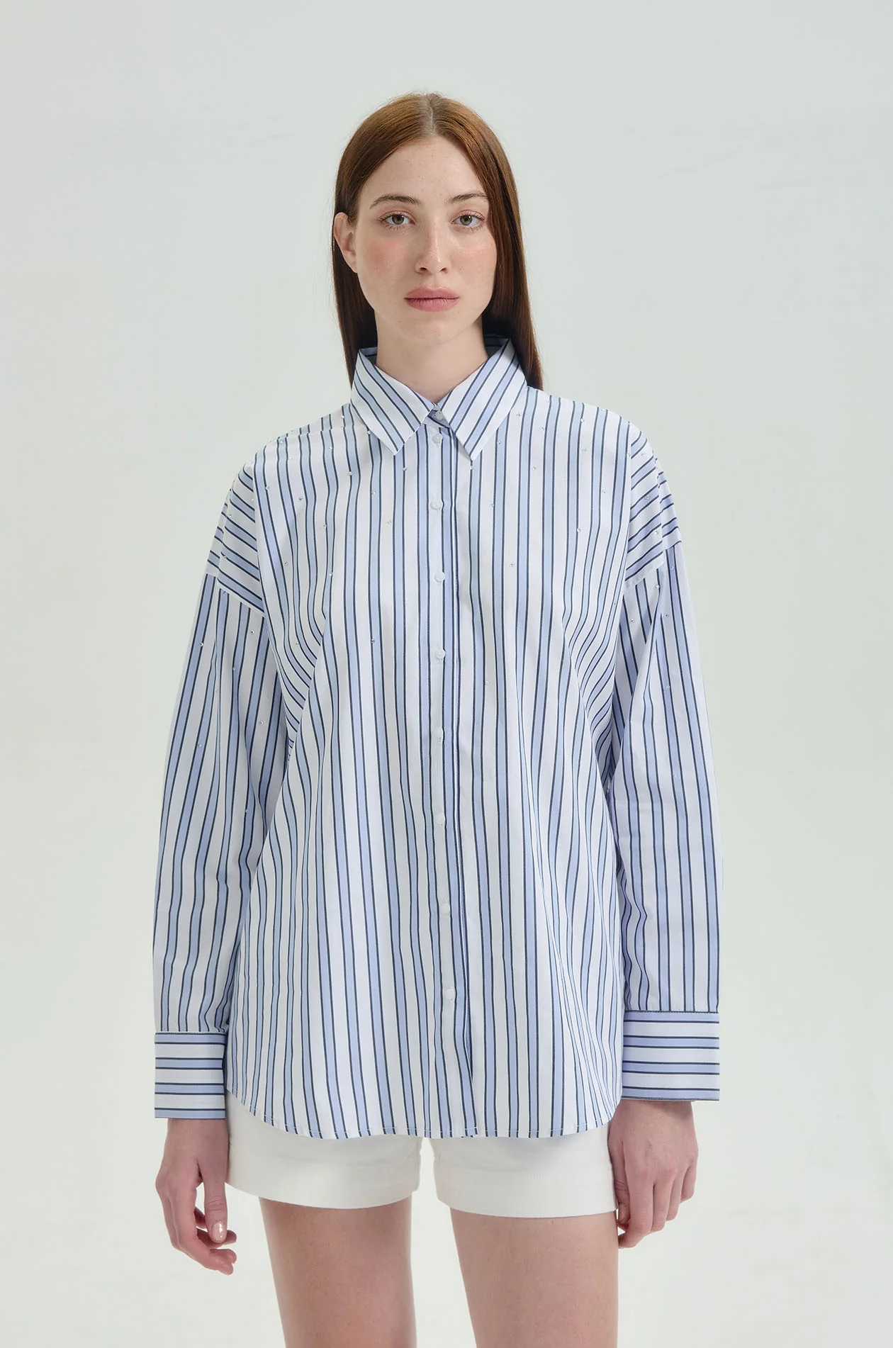 Rhinestone Striped Oversized Shirt - Image 2