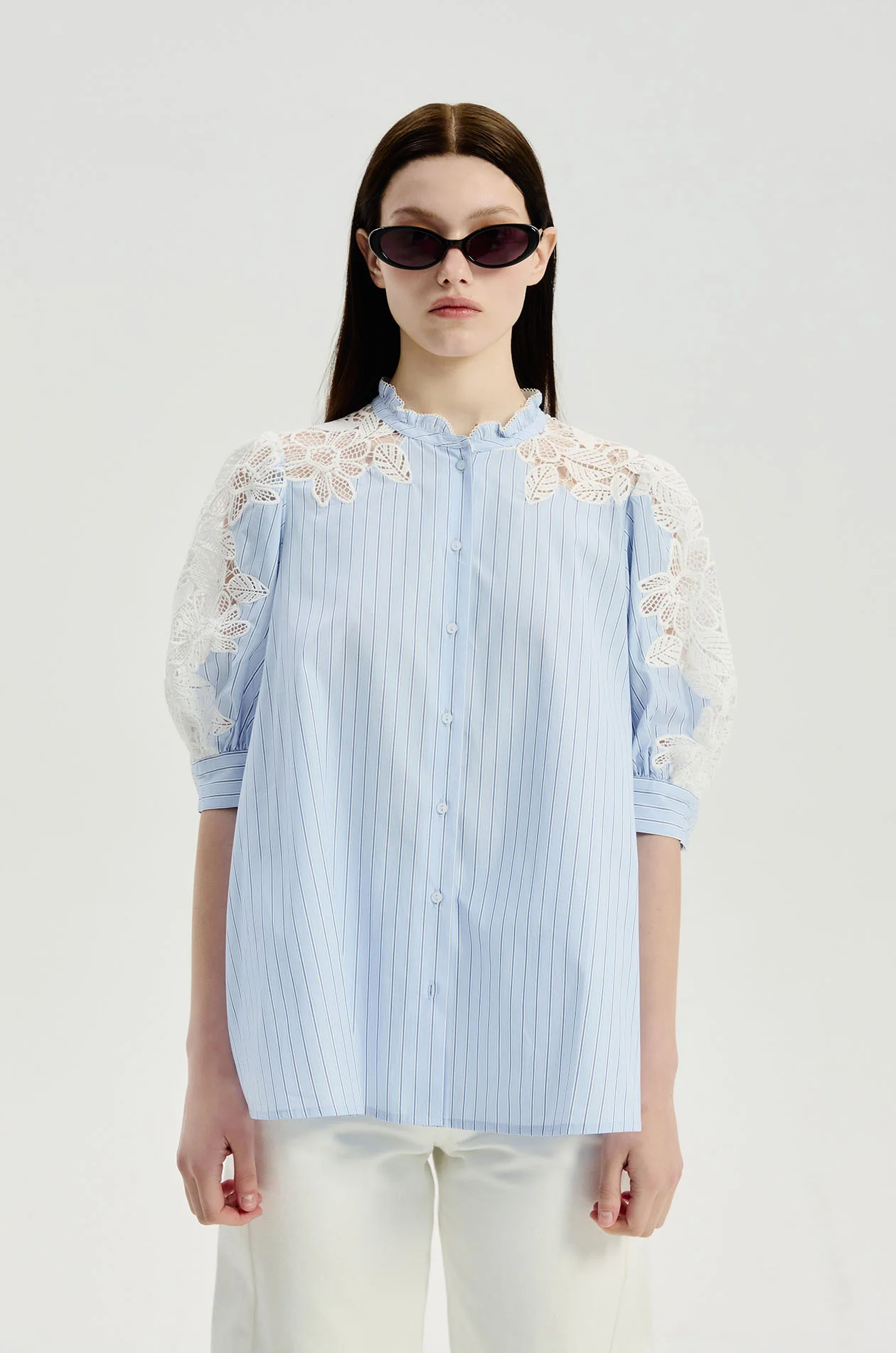 Floral Lace Striped Blouse - Image 2