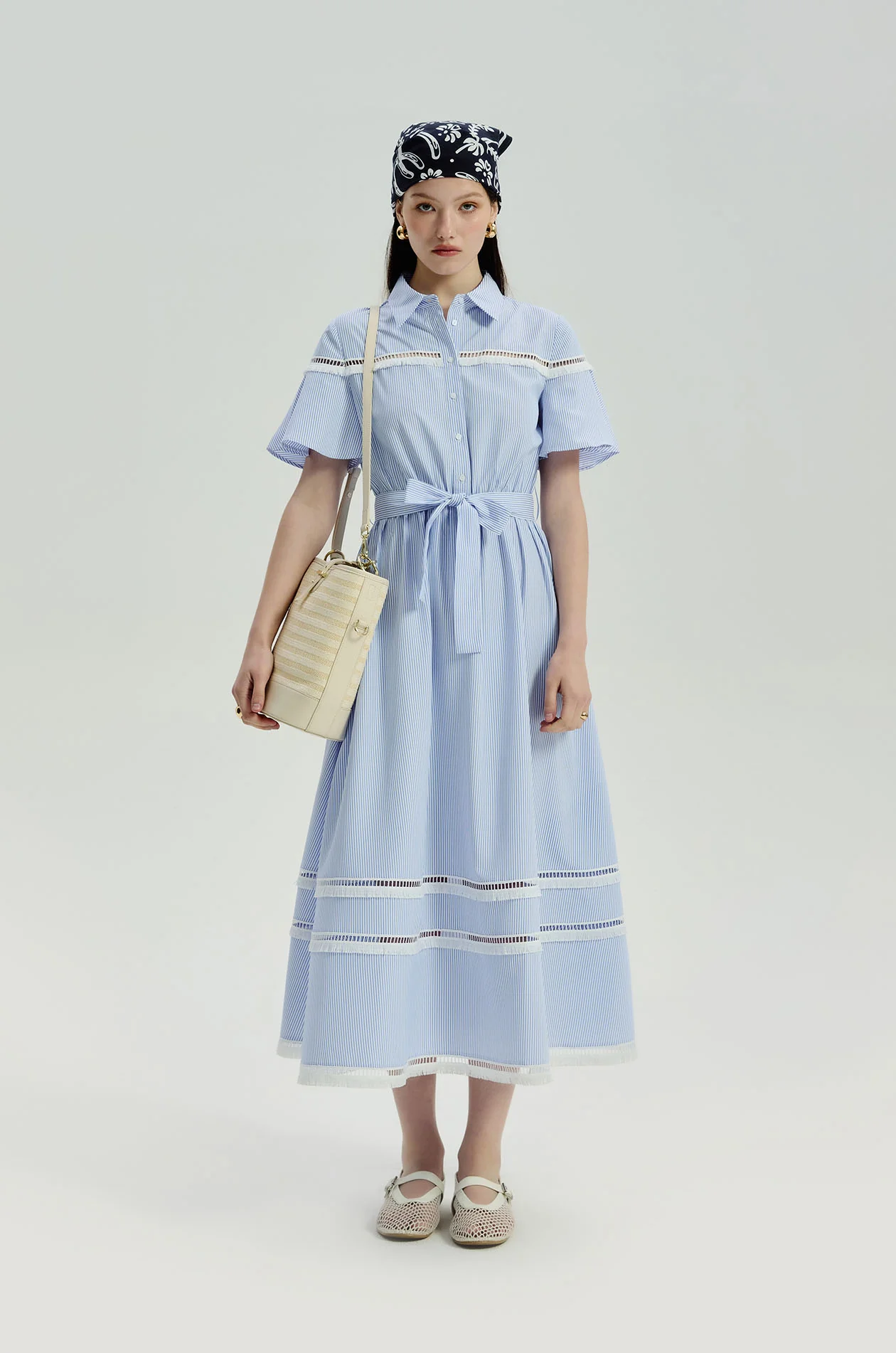 Crochet Trim Striped Midi Dress