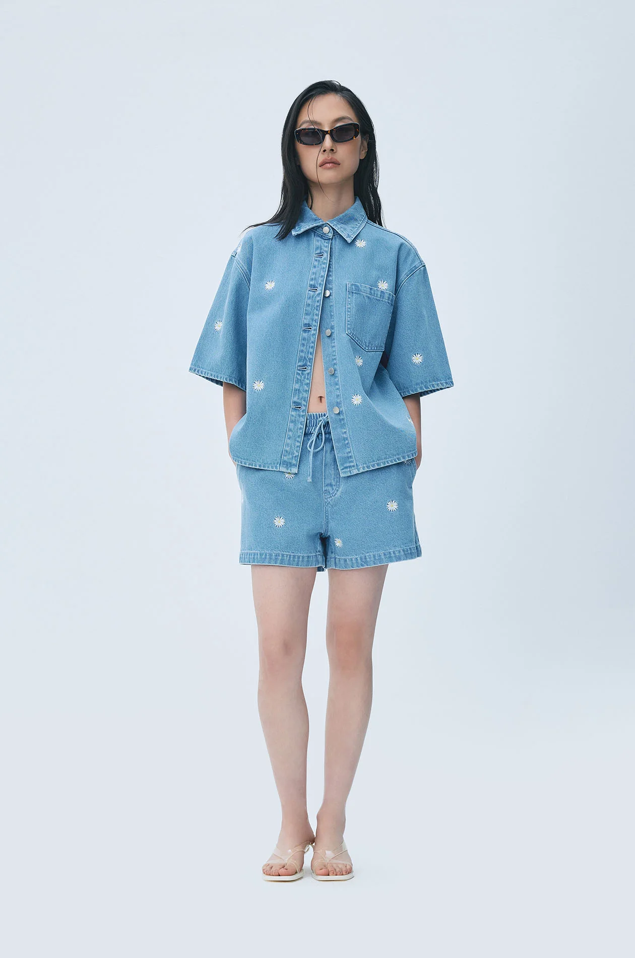 Ditsy Daisy Denim Drawstring Shorts