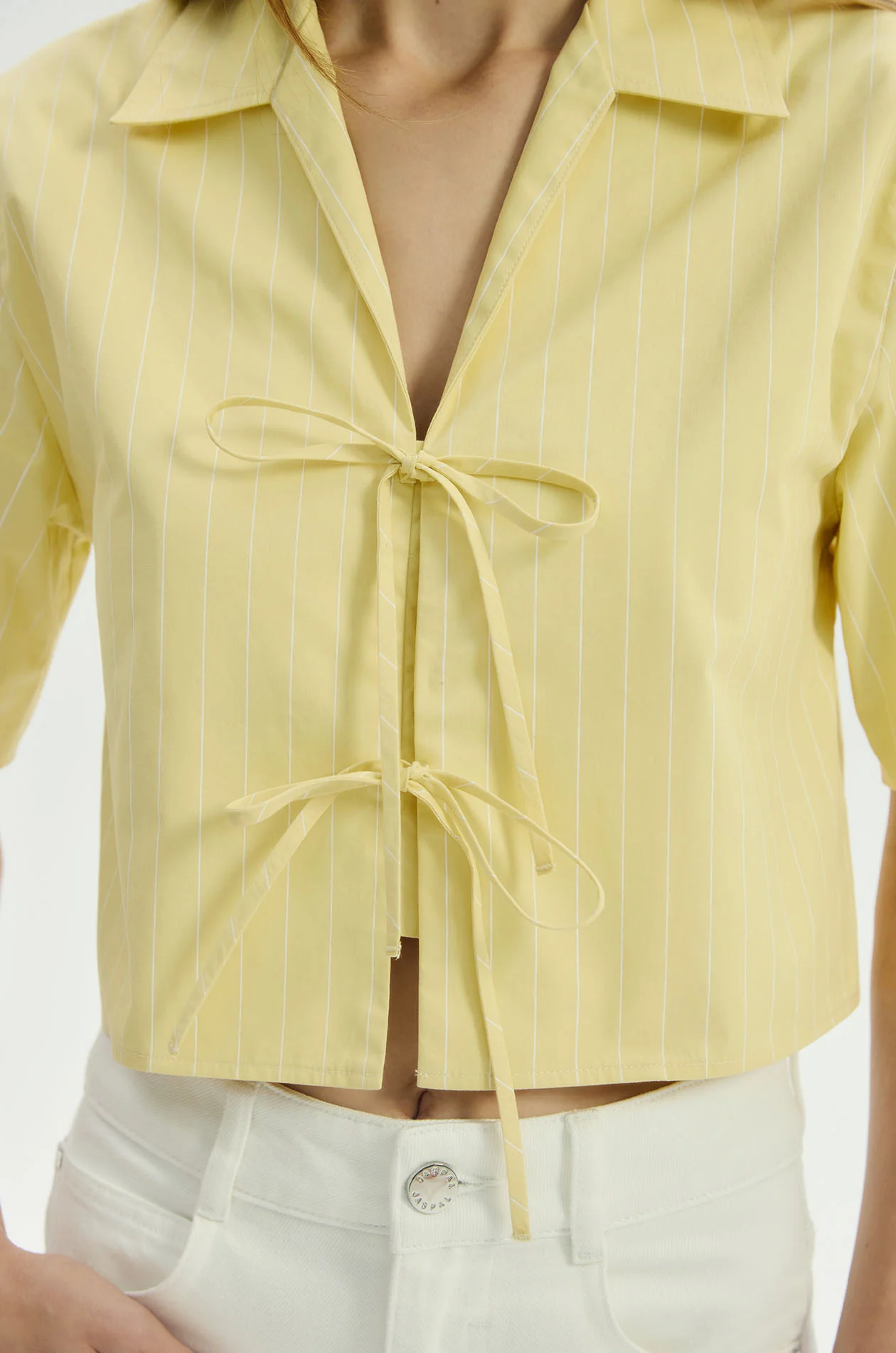 Tie Front Striped Cropped Blouse - Image 3