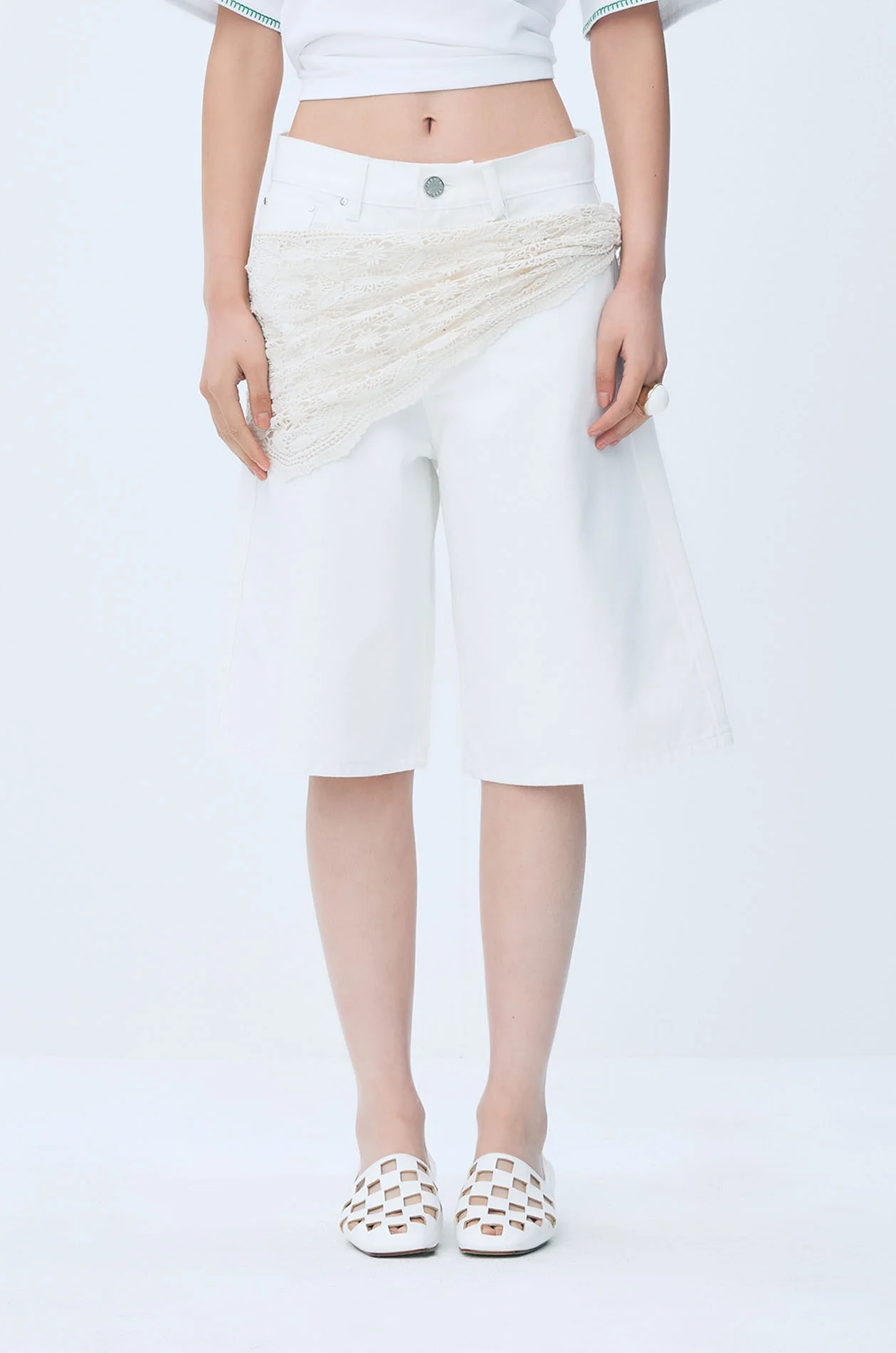 White Bermuda Shorts with Crochet Waist Scarf - Image 2