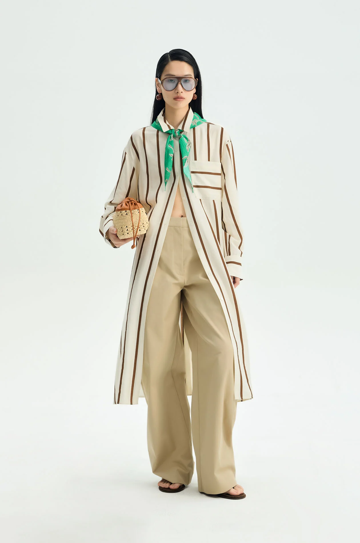 Striped Crinkled Midi Shirt Dress with Palm Scarf