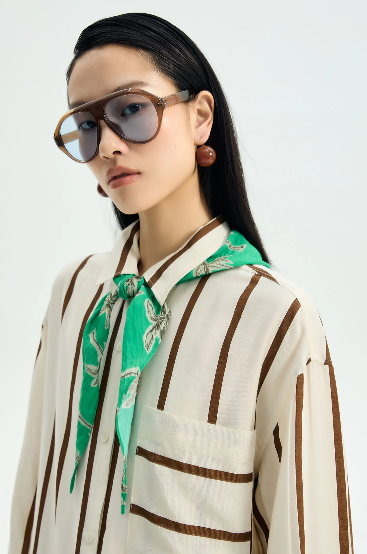 Striped Crinkled Midi Shirt Dress with Palm Scarf - Image 3