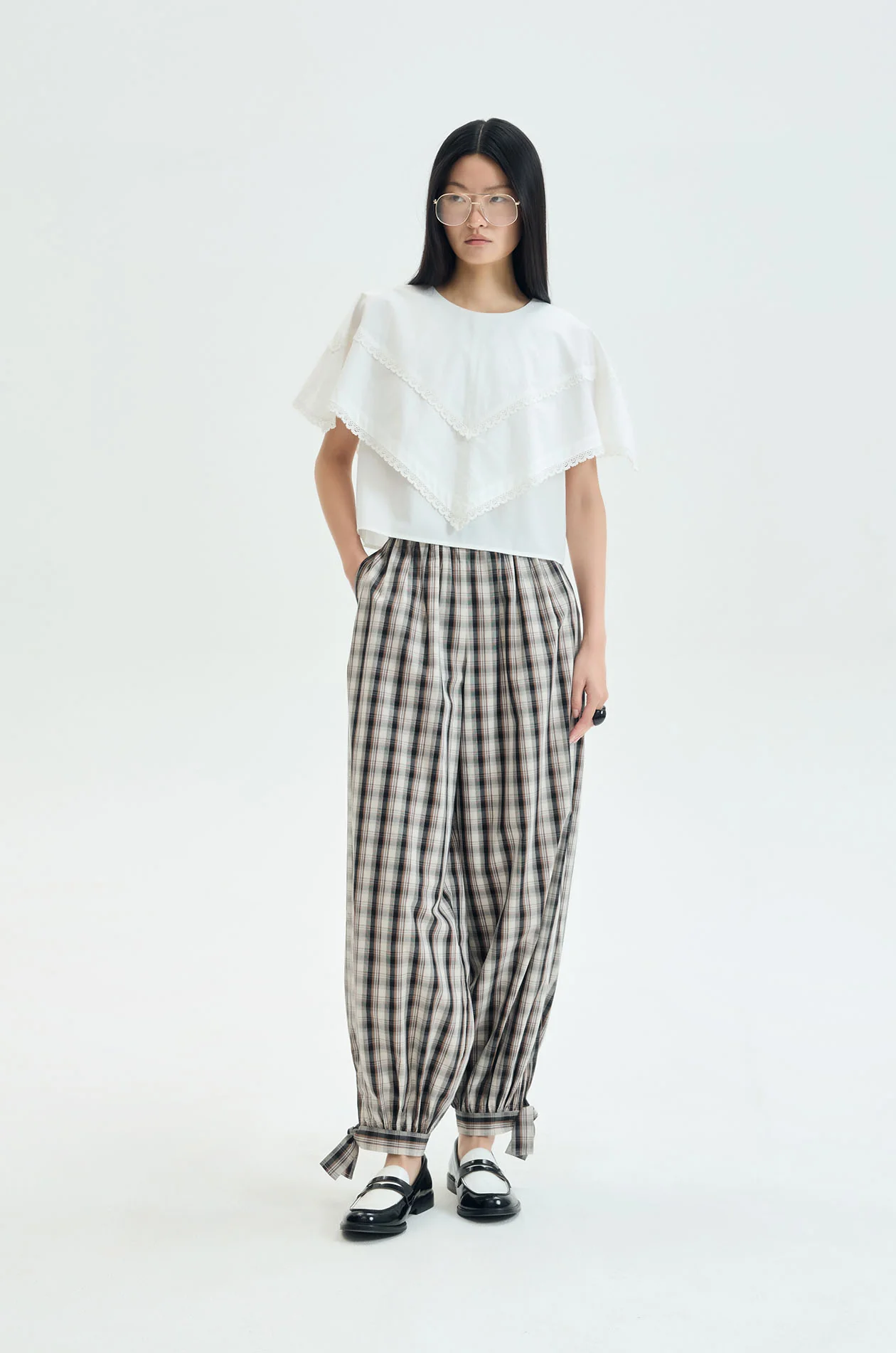 Tie-Cuff Plaid Balloon Pants