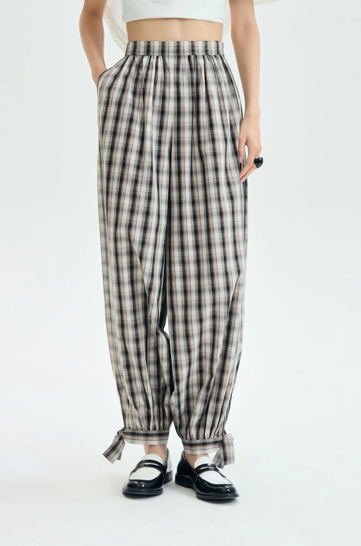 Tie-Cuff Plaid Balloon Pants - Image 2
