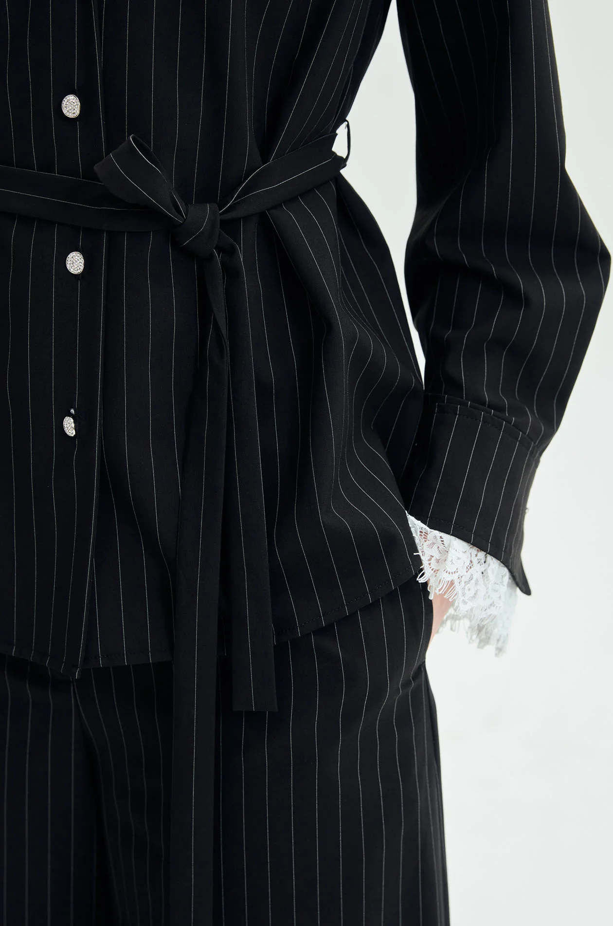 Pinstripe Lace-Cuff Tied Shirt - Image 3