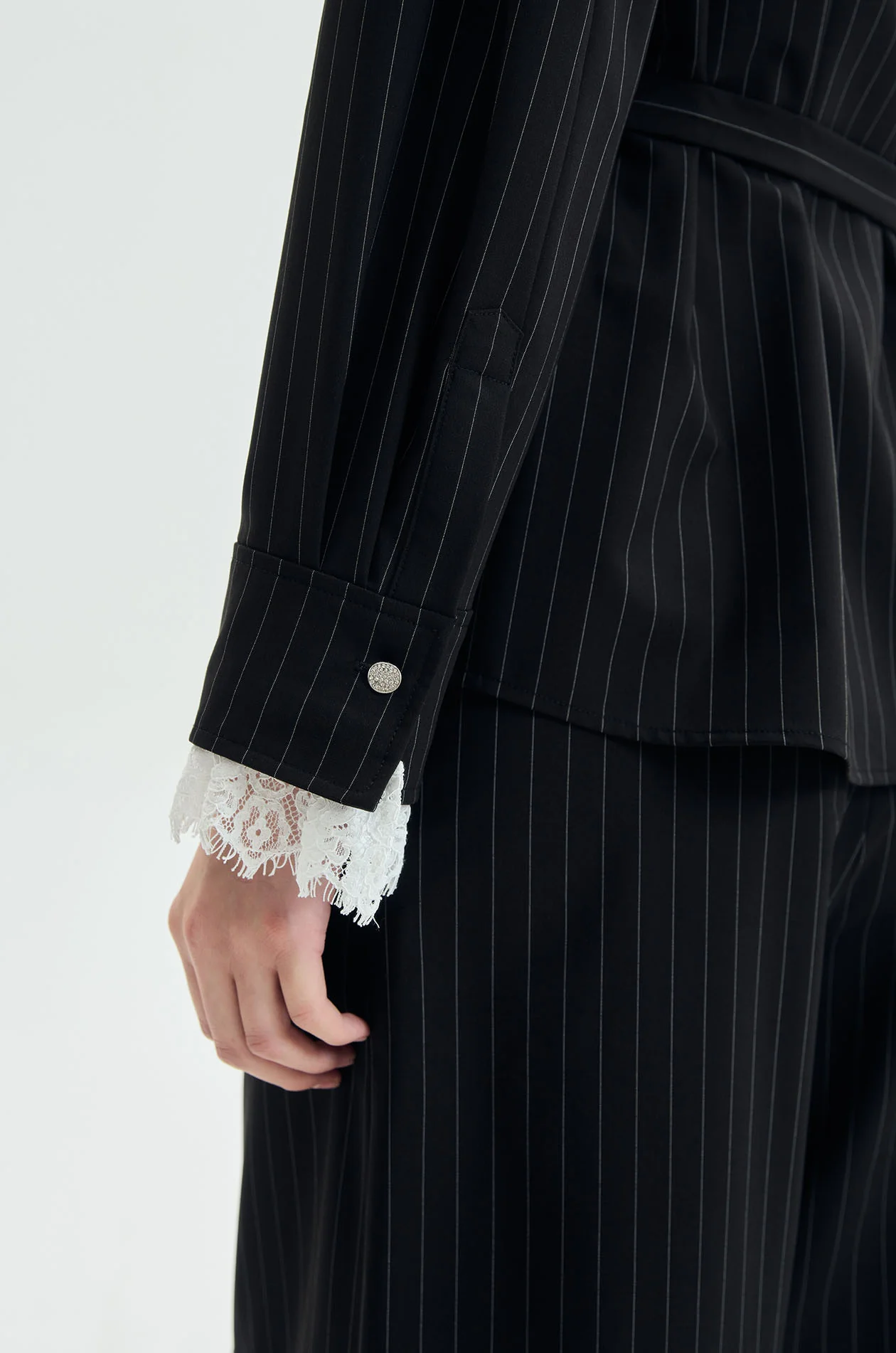 Pinstripe Lace-Cuff Tied Shirt - Image 4