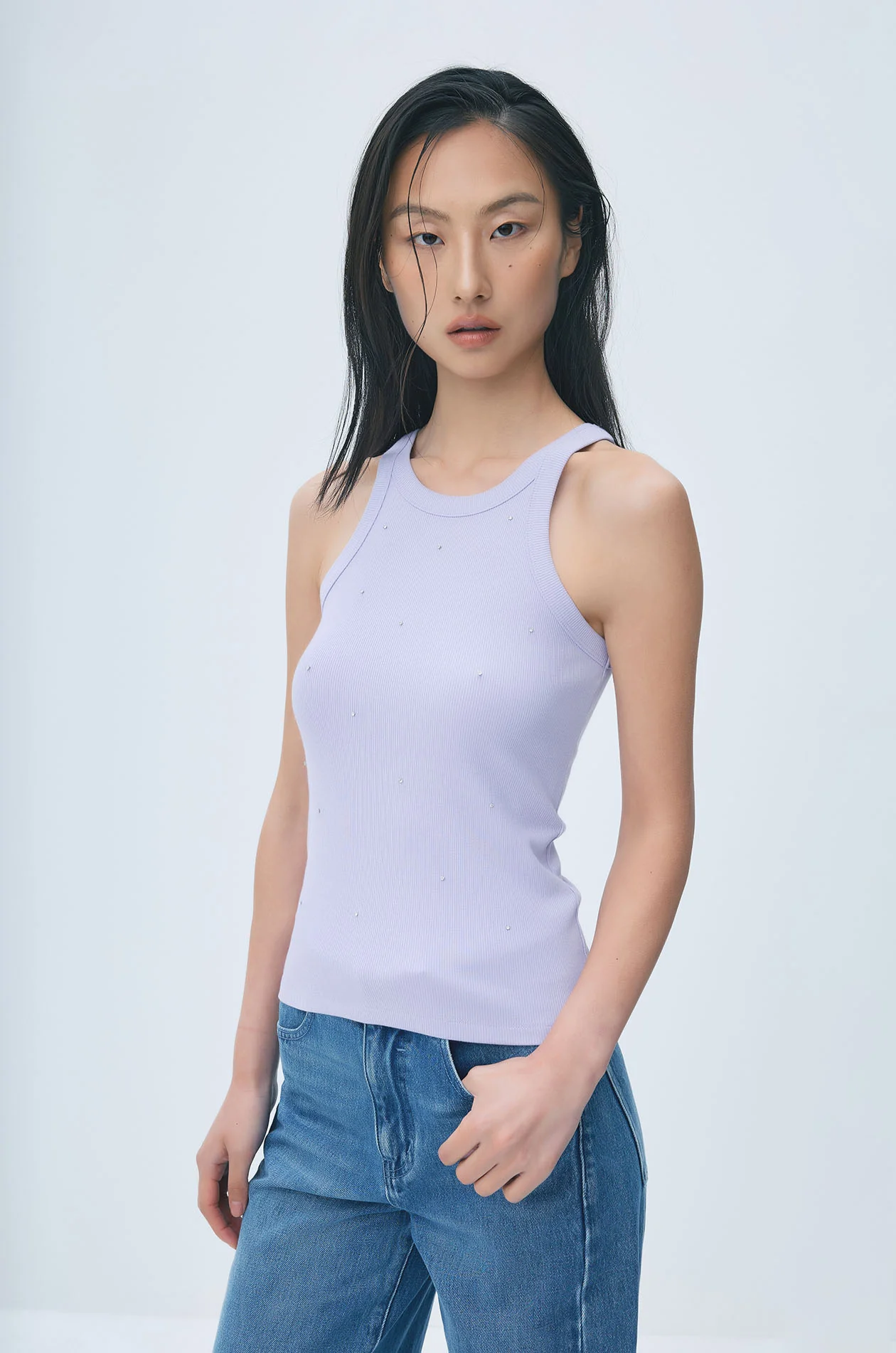 Rhinestone Ribbed Tank Top in Purple - Image 2
