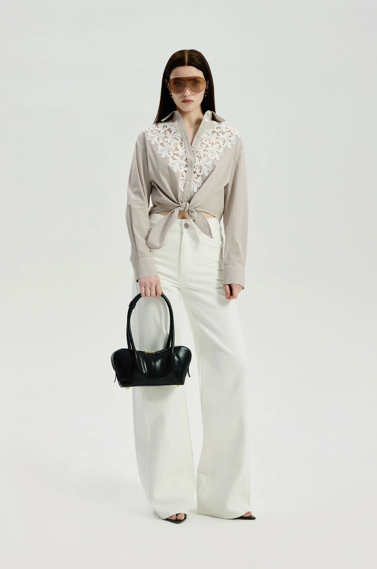 Lace Panel Striped Cropped Shirt